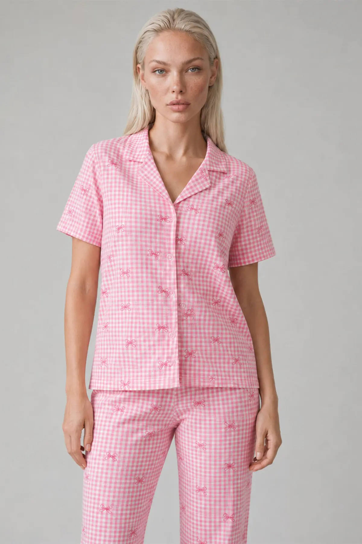 Ekose Fiyonk Desenli Kısa Kollu Pijama Takımı Kadın Düğmeli Uzun Alt Pembe Pijama Takımı 4633