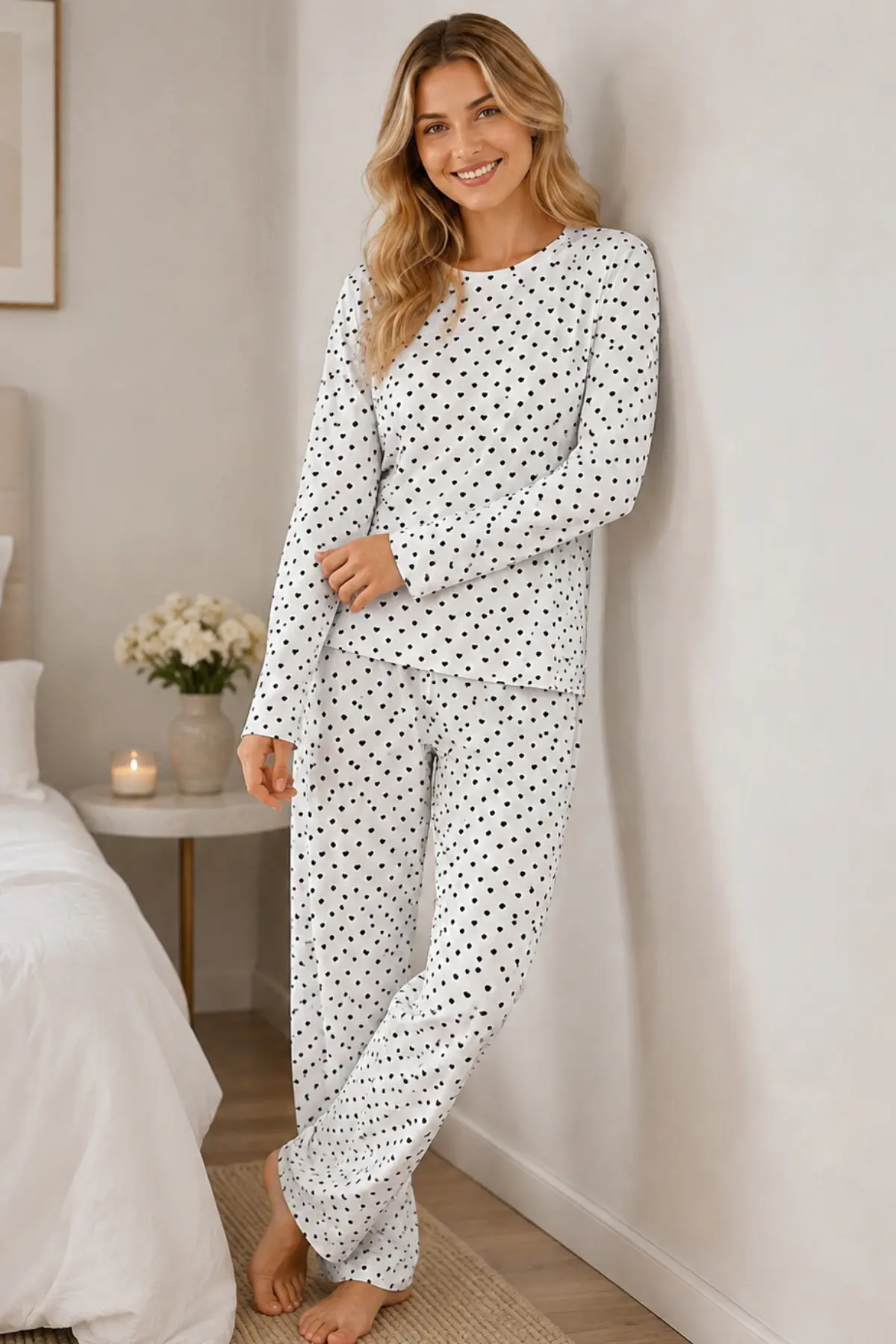 Kadın Kalpli Uzun Kol Rahat Pijama Takımı 4673 Beyaz