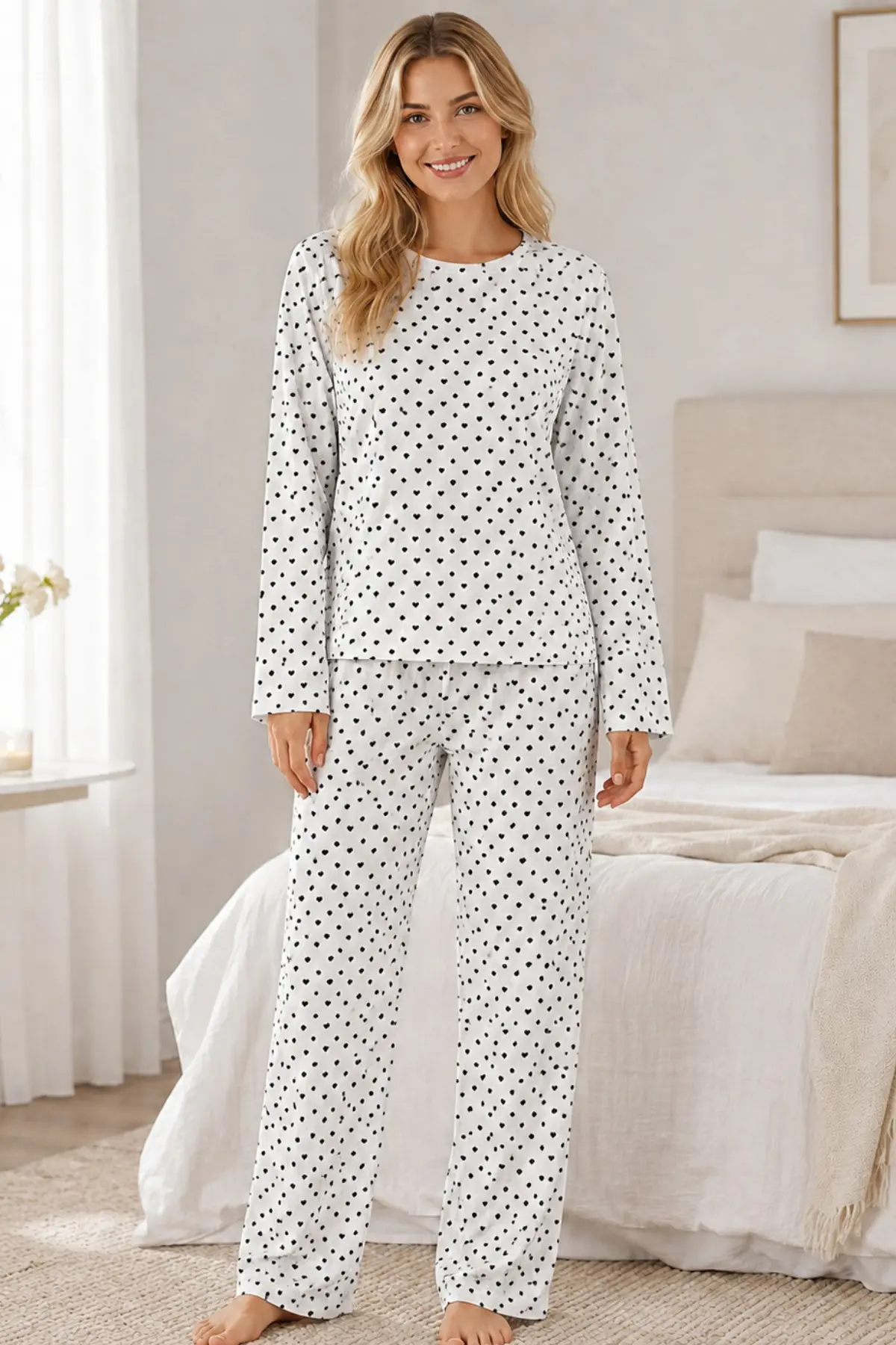 Kadın Kalpli Uzun Kol Rahat Pijama Takımı 4673 Beyaz
