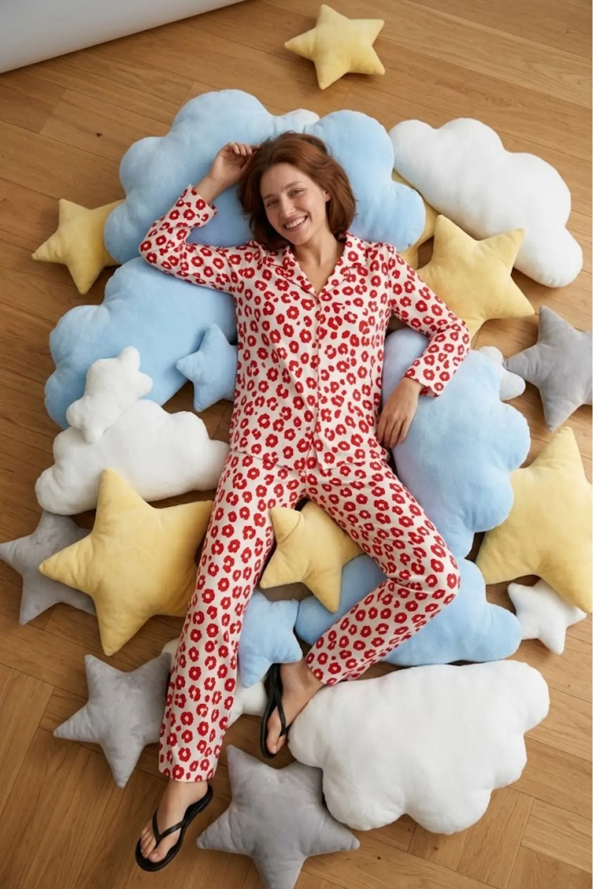 Kadın Gömlek Yaka Düğmeli Gece Giyimi Kırmızı Pijama Takımı