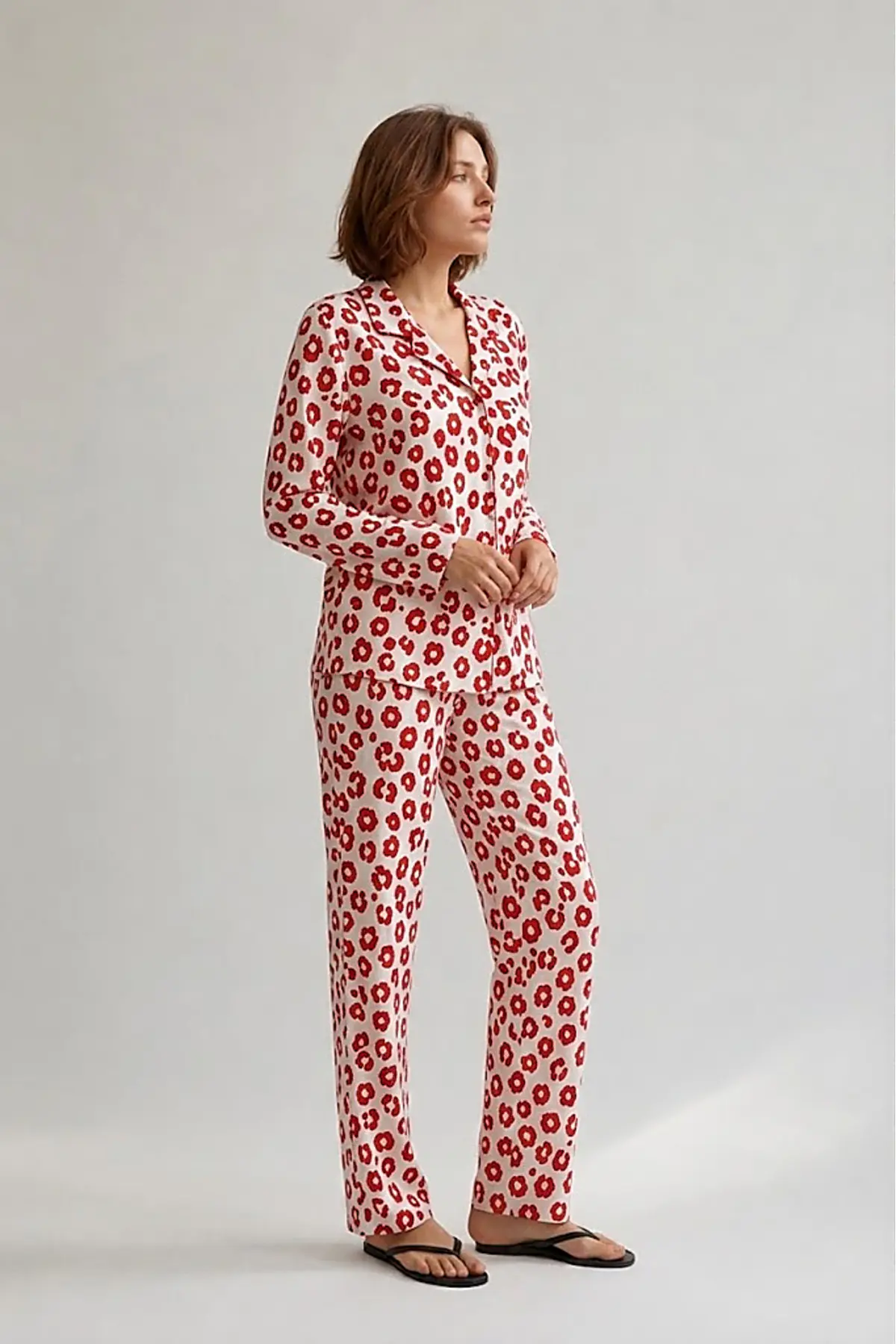 Kadın Gömlek Yaka Düğmeli Gece Giyimi Kırmızı Pijama Takımı