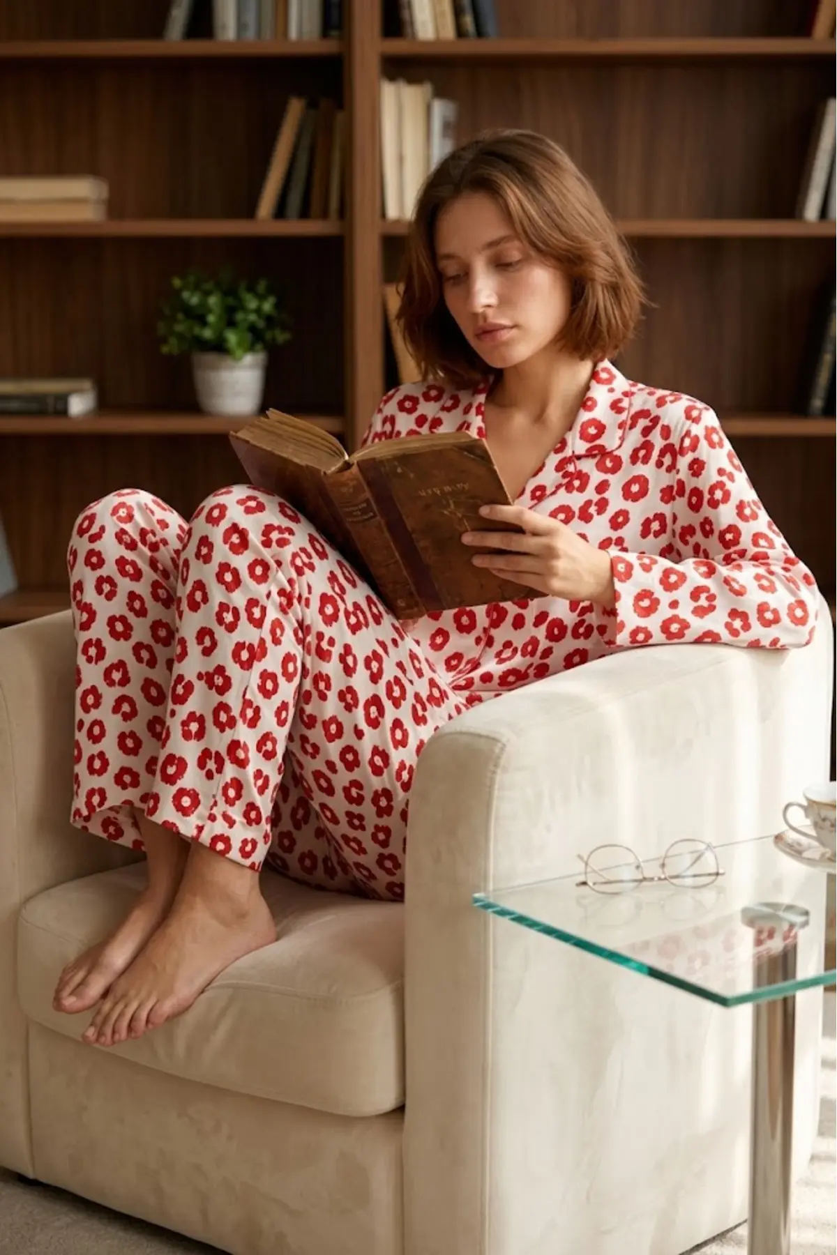 Kadın Gömlek Yaka Düğmeli Gece Giyimi Kırmızı Pijama Takımı