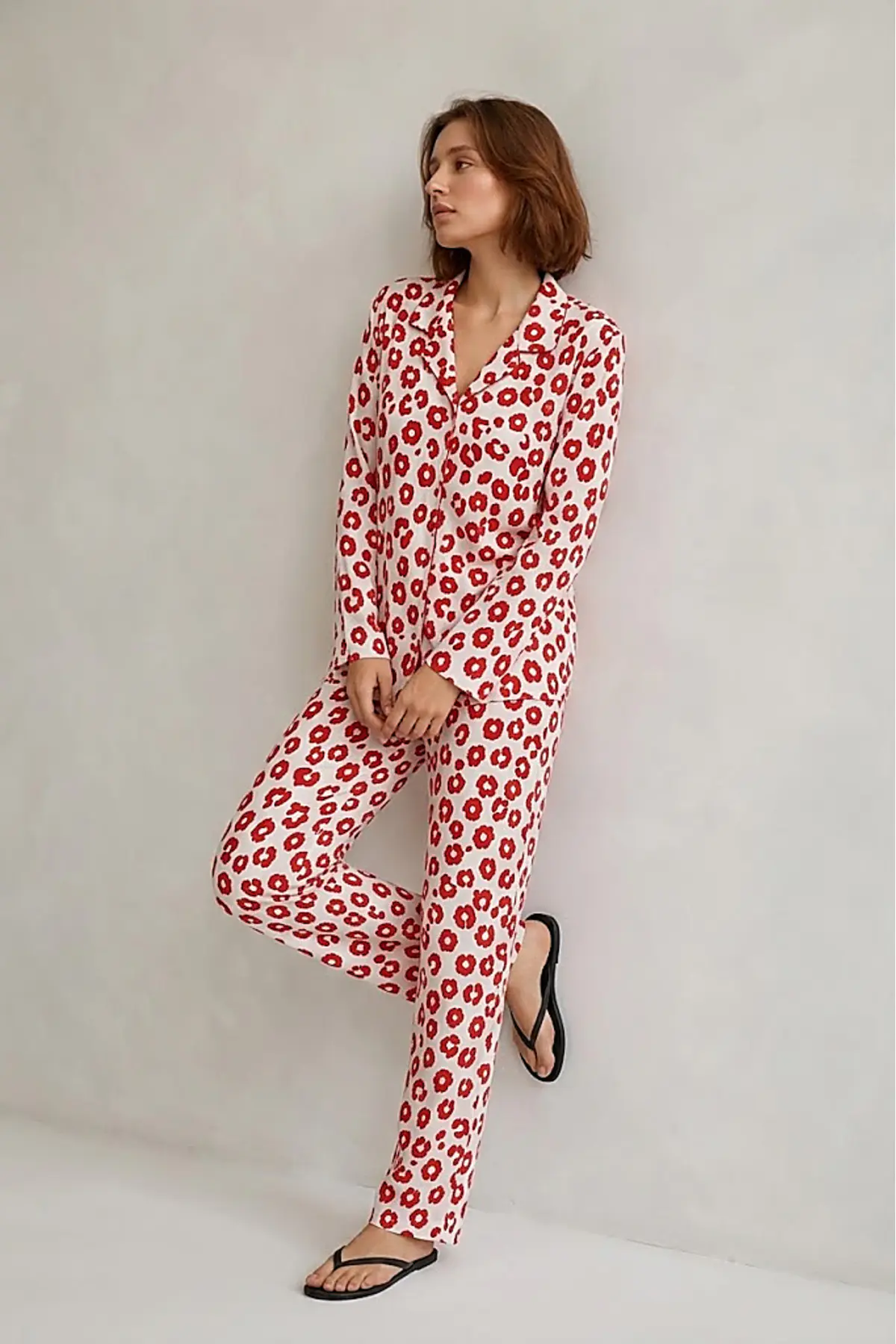 Kadın Gömlek Yaka Düğmeli Gece Giyimi Kırmızı Pijama Takımı