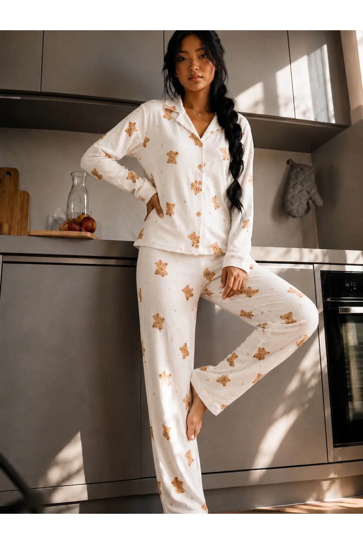 Kadın Düğmeli Gömlek Yaka Ev Giyimi Beyaz Pijama Takımı