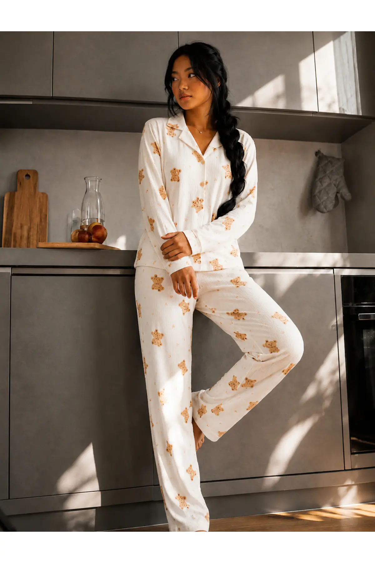 Kadın Düğmeli Gömlek Yaka Ev Giyimi Beyaz Pijama Takımı