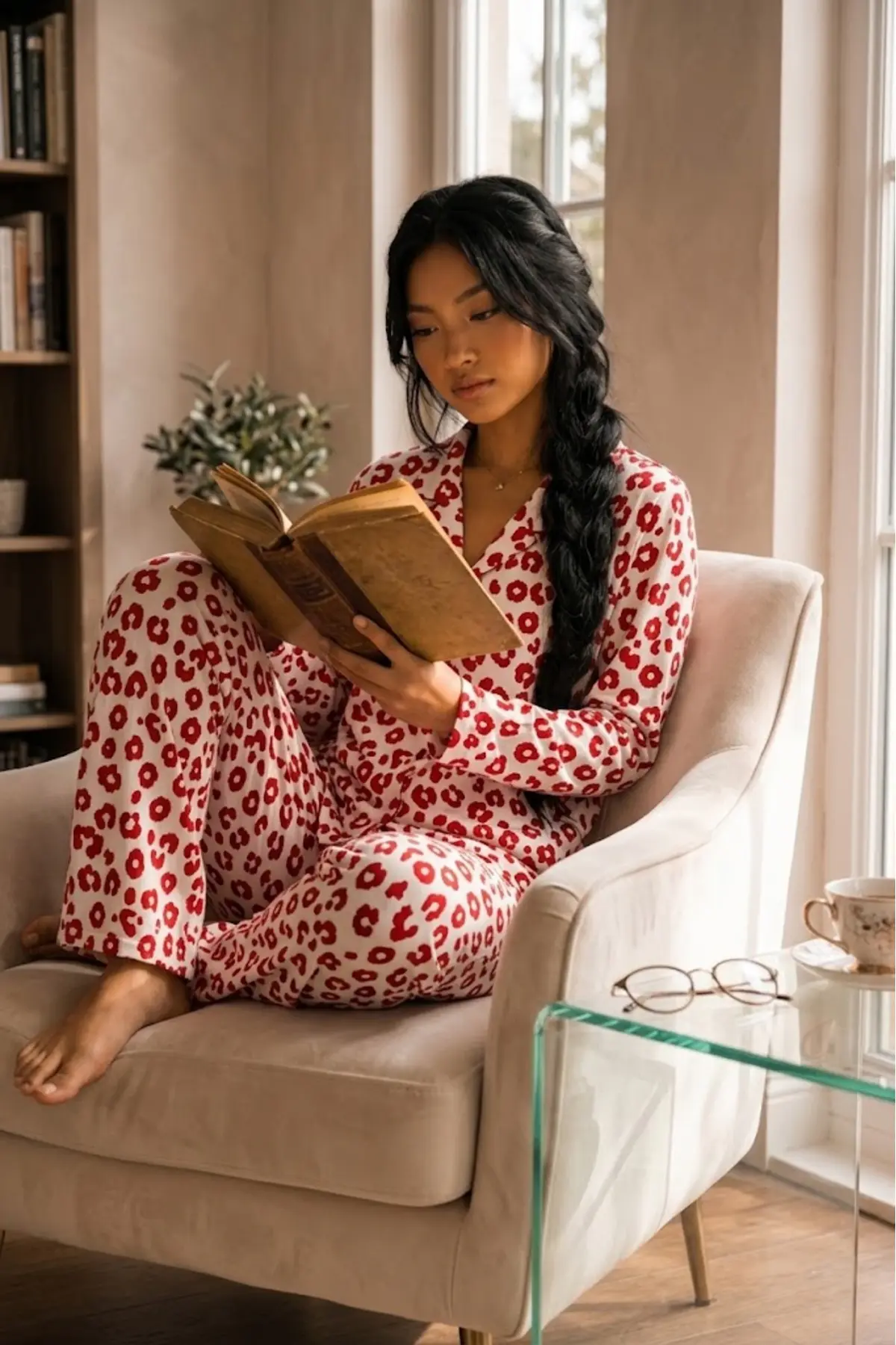 Kadın Düğmeli Gömlek Yaka Ev Giyimi Kırmızı Pijama Takımı