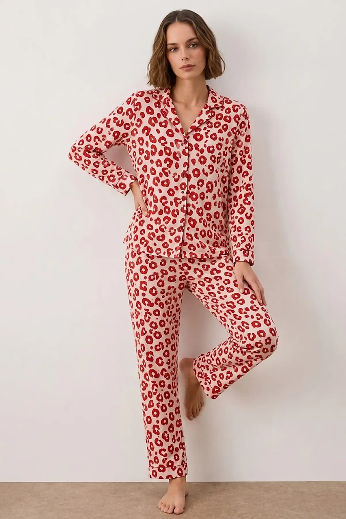 Kadın Gömlek Yakalı Uzun Kollu Kırmızı Pijama Seti