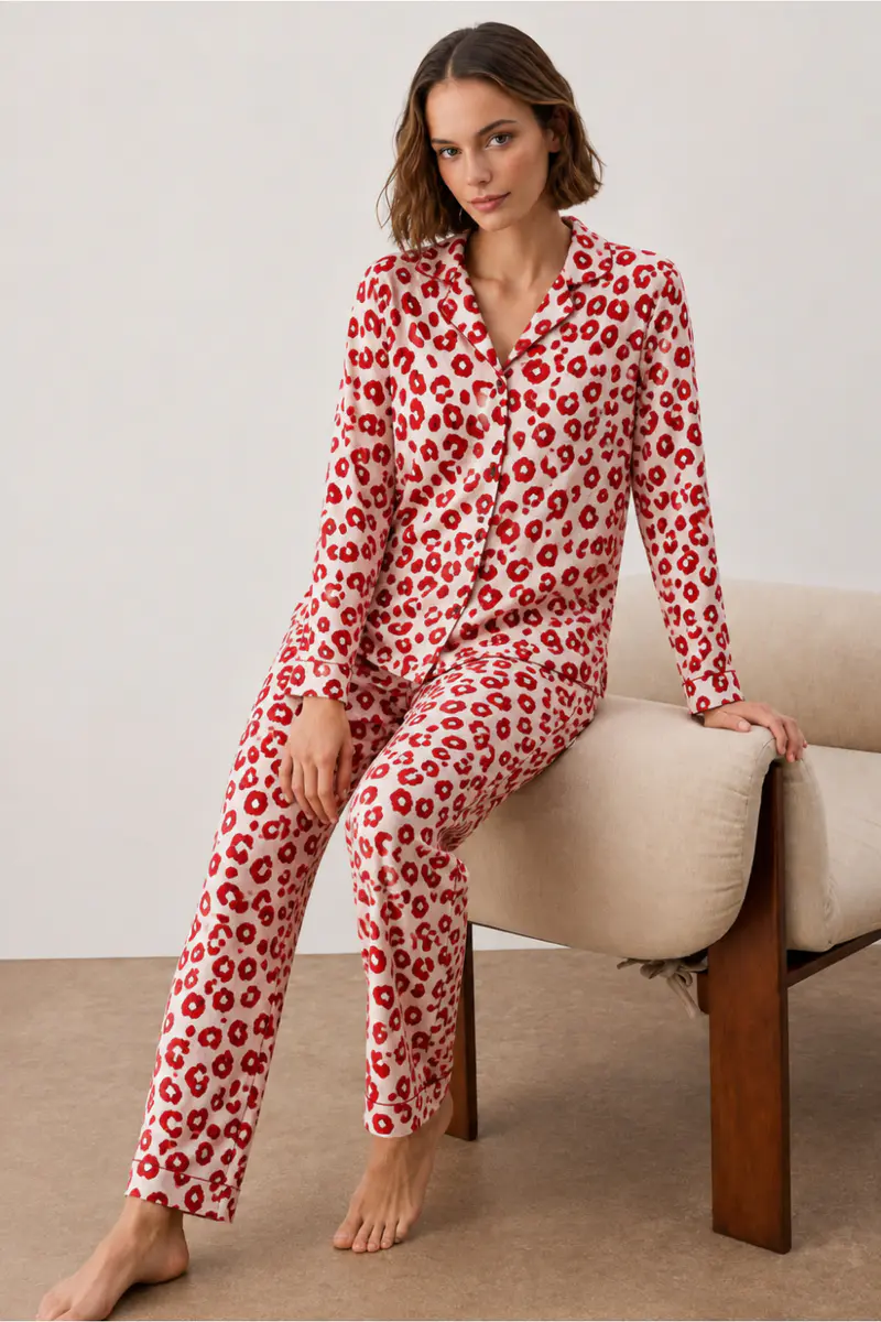 Kadın Gömlek Yakalı Uzun Kollu Kırmızı Pijama Seti