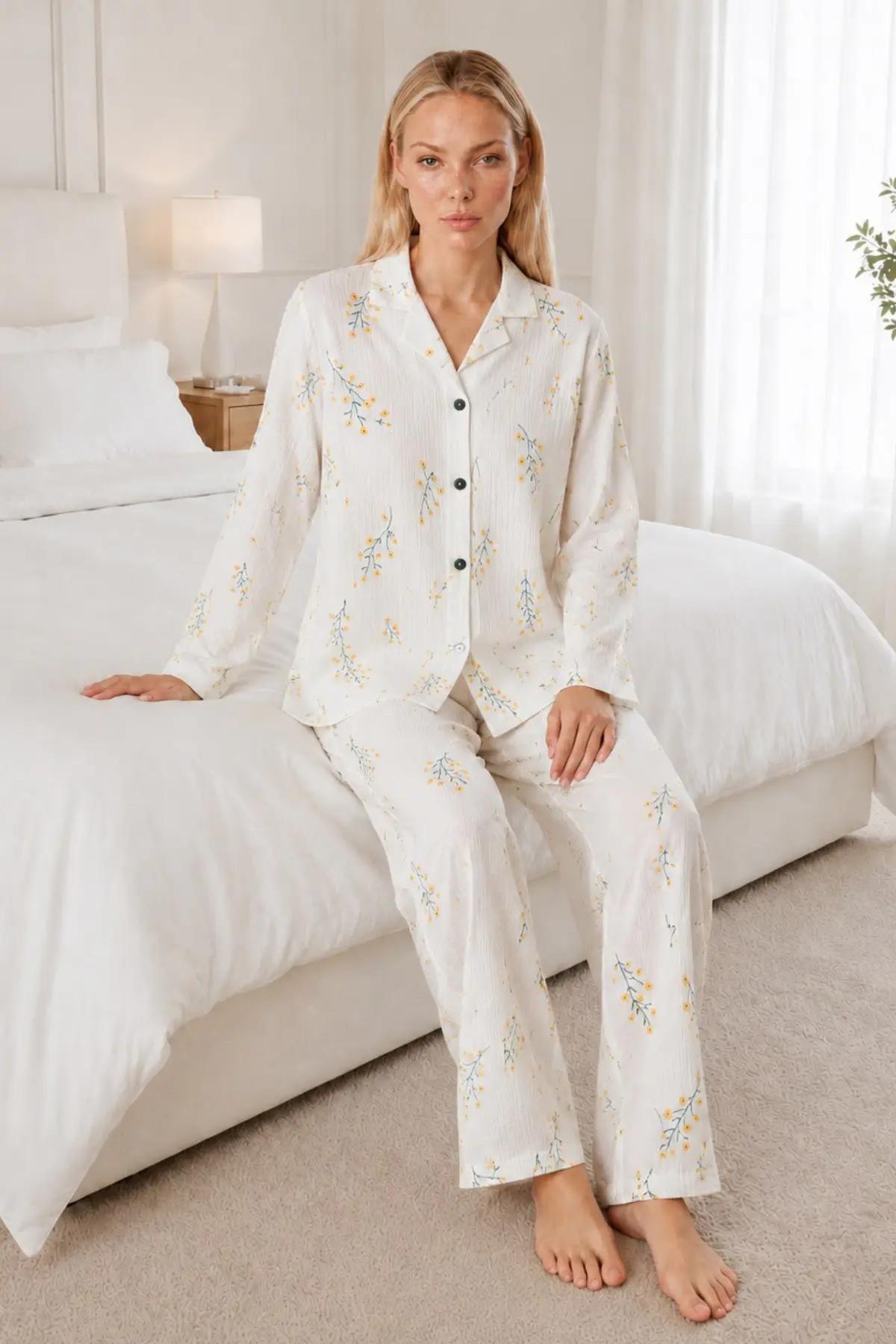 Kadın Desenli Beyaz Pijama Takımı 4674