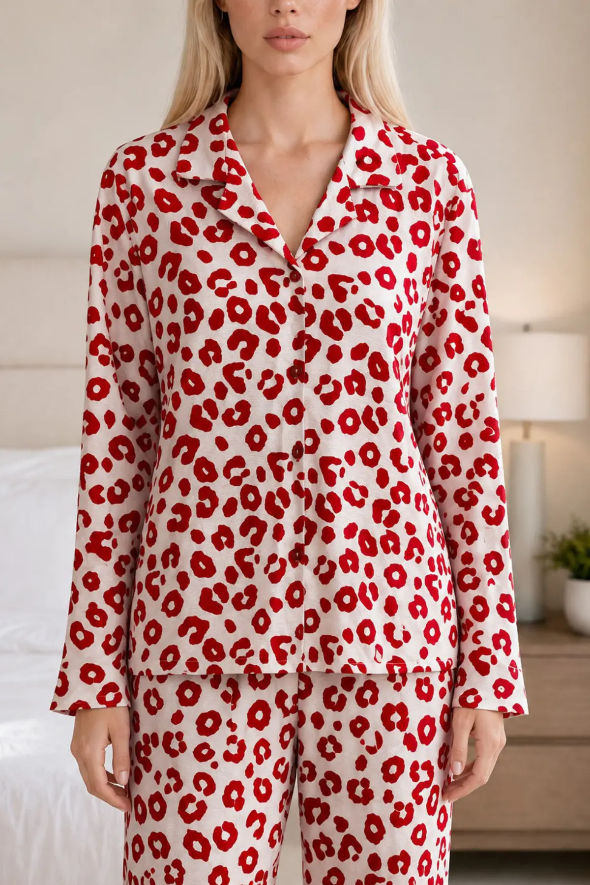 Kadın Desenli Esnek Bol Kırmızı Pijama Takımı 4735 L Kırmızı Kırmızı