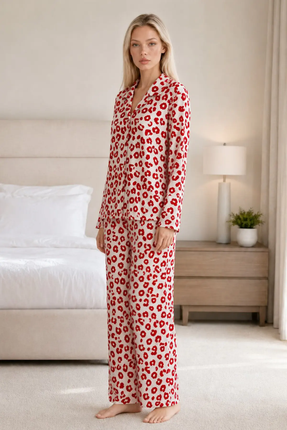 Kadın Desenli Esnek Bol Kırmızı Pijama Takımı 4735 L Kırmızı Kırmızı