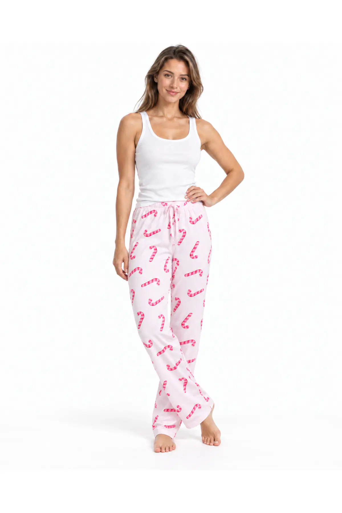 Kadın Çizgili Bluz Desenli Askılı Beyaz Pijama Takımı