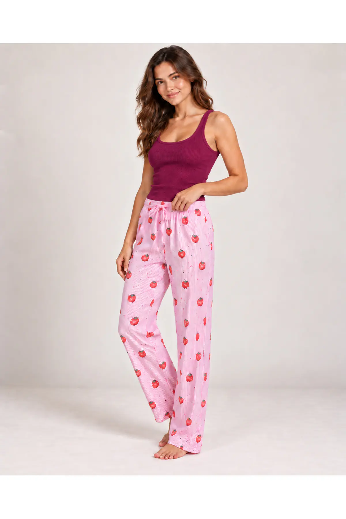 Kadın Çizgili Bluz Desenli Askılı Bordo Pijama Takımı