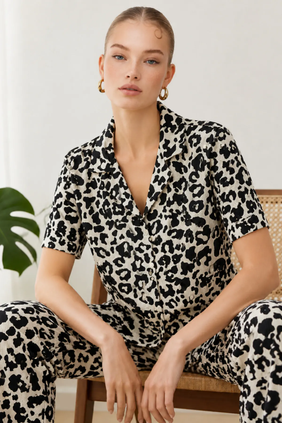 Kadın Kısa Kol Comfort Leopar Pijama Takımı 4737 Siyah