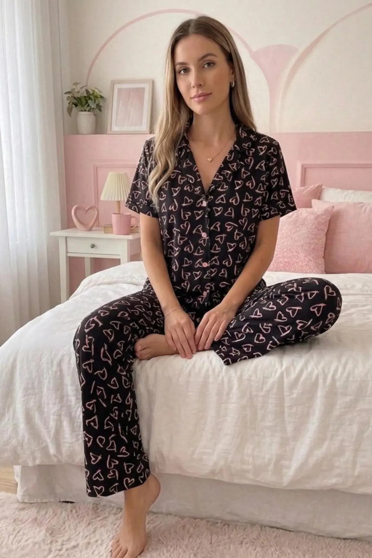 Siyah Kalp Desenli Düğmeli Kısa Kollu Pijama Takımı 4590