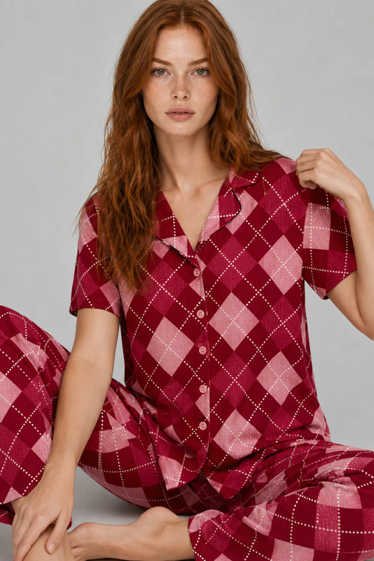 Kadın Kısa Kol Desenli Kırmızı Pijama Takımı 4730