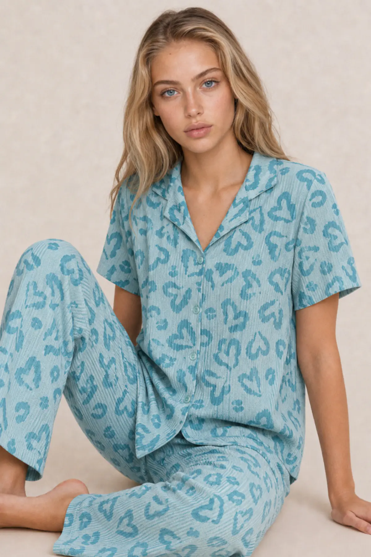 Kadın Kısa Kol Desenli Mint Yeşili Pijama Takımı 4740