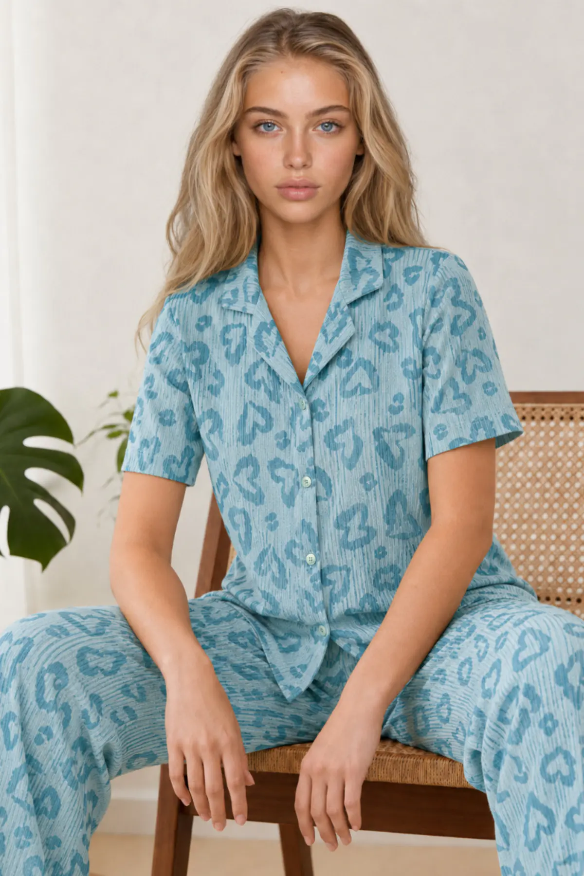 Kadın Kısa Kol Desenli Mint Yeşili Pijama Takımı 4740