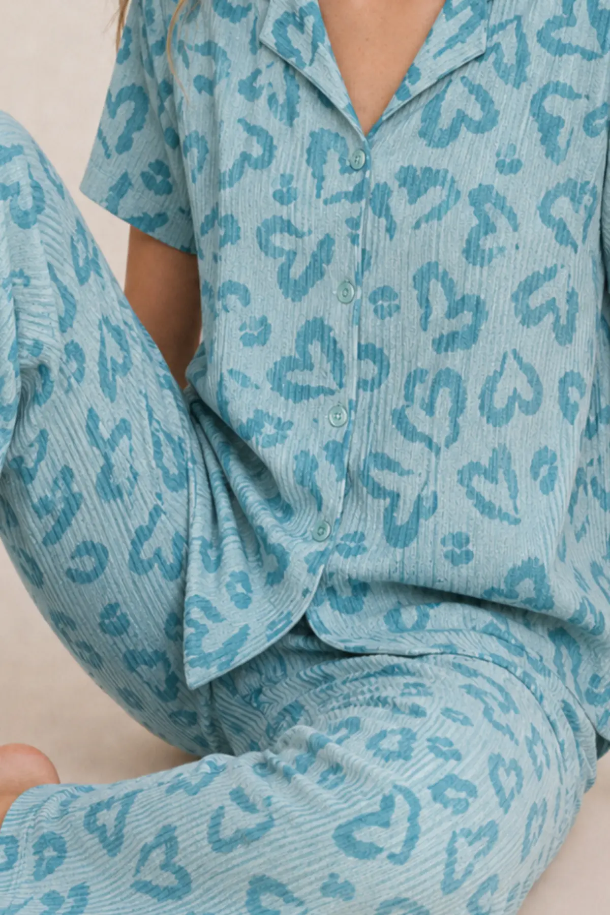 Kadın Kısa Kol Desenli Mint Yeşili Pijama Takımı 4740