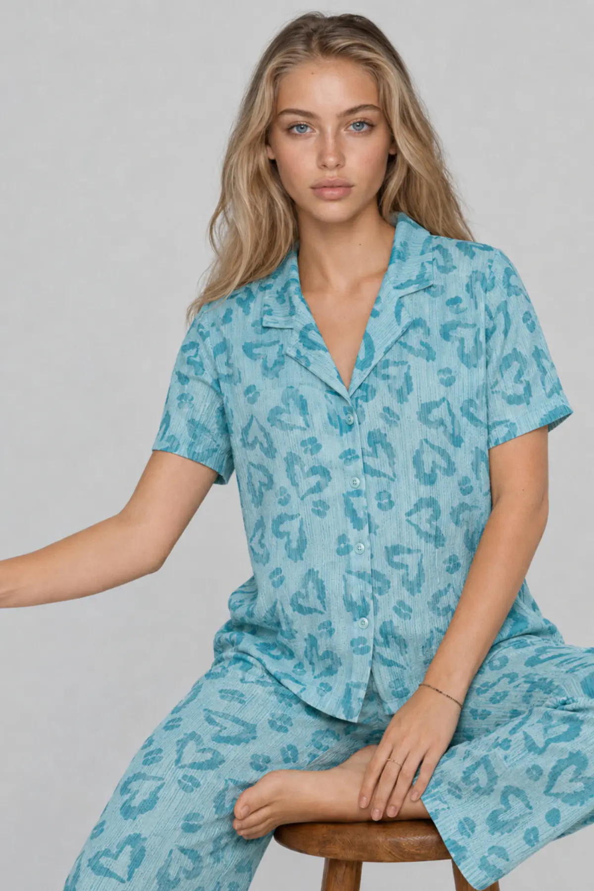 Kadın Kısa Kol Desenli Mint Yeşili Pijama Takımı 4740