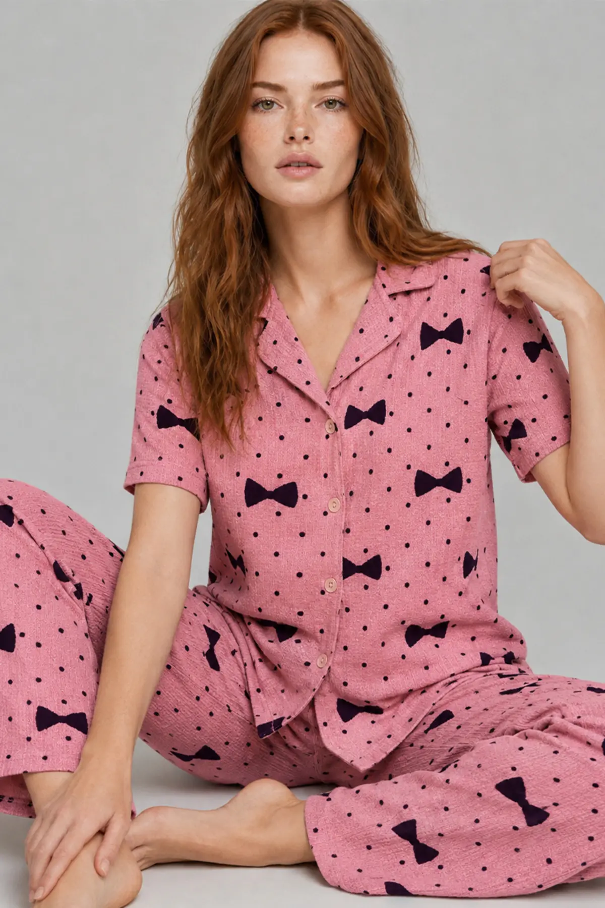 Kadın Kısa Kol Desenli Pembe Pijama Takımı 4729