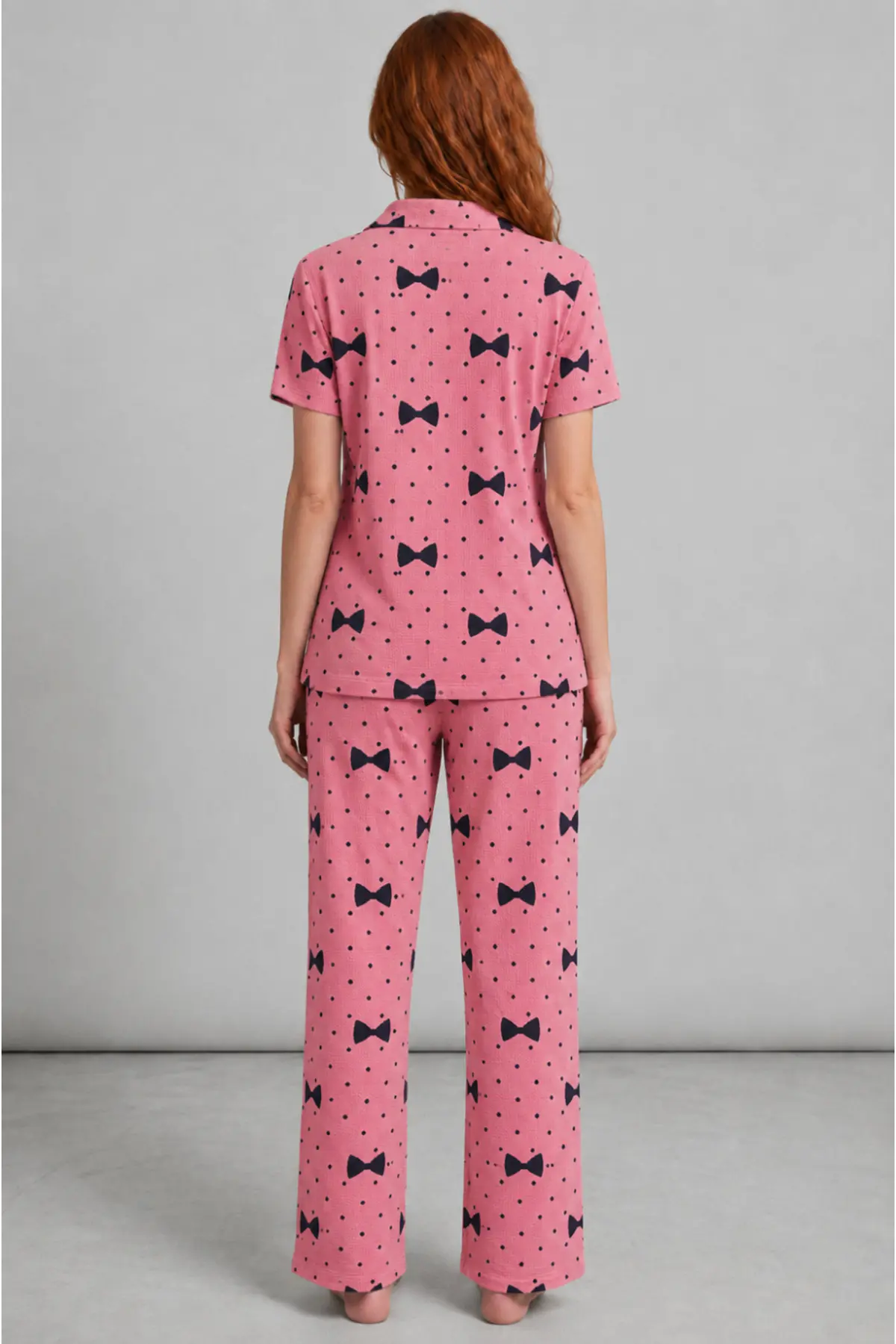 Kadın Kısa Kol Desenli Pembe Pijama Takımı 4729