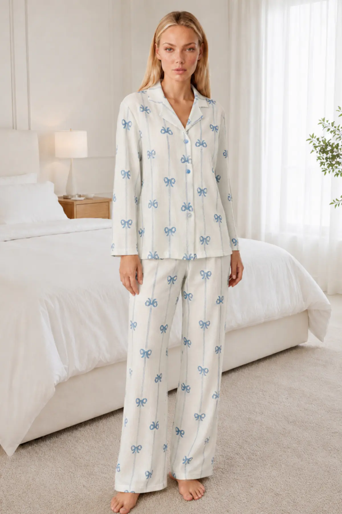 Kadın Desenli Relaxed Beyaz Pijama Takımı 4661