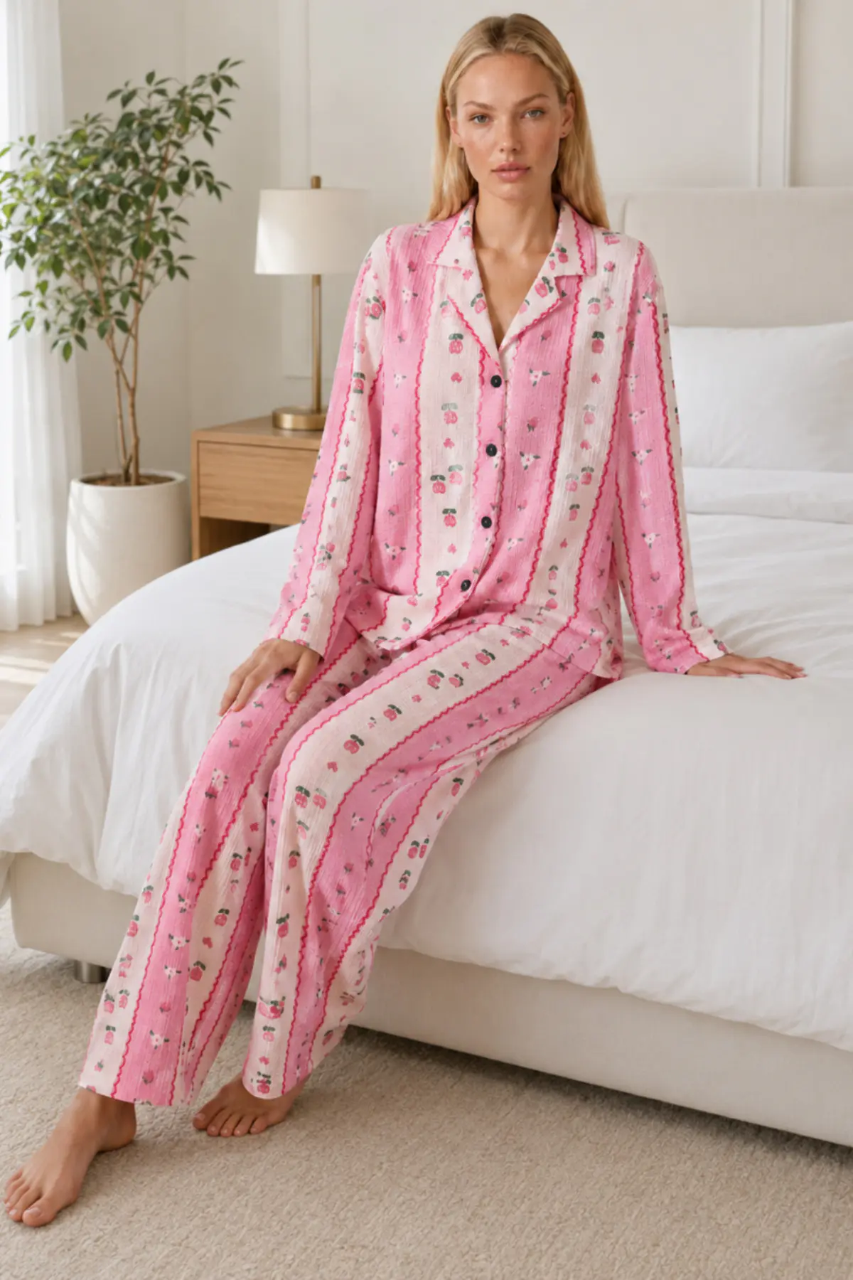 Kadın Desenli Relaxed Pembe Pijama Takımı 4658