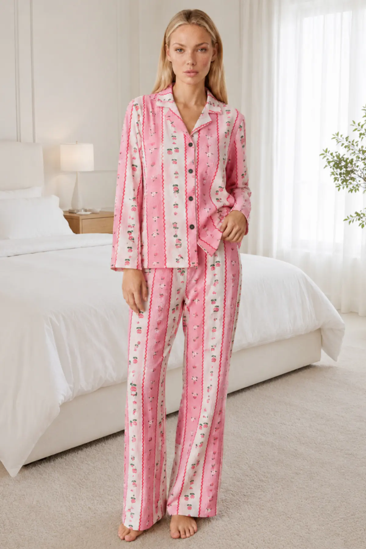 Kadın Desenli Relaxed Pembe Pijama Takımı 4658