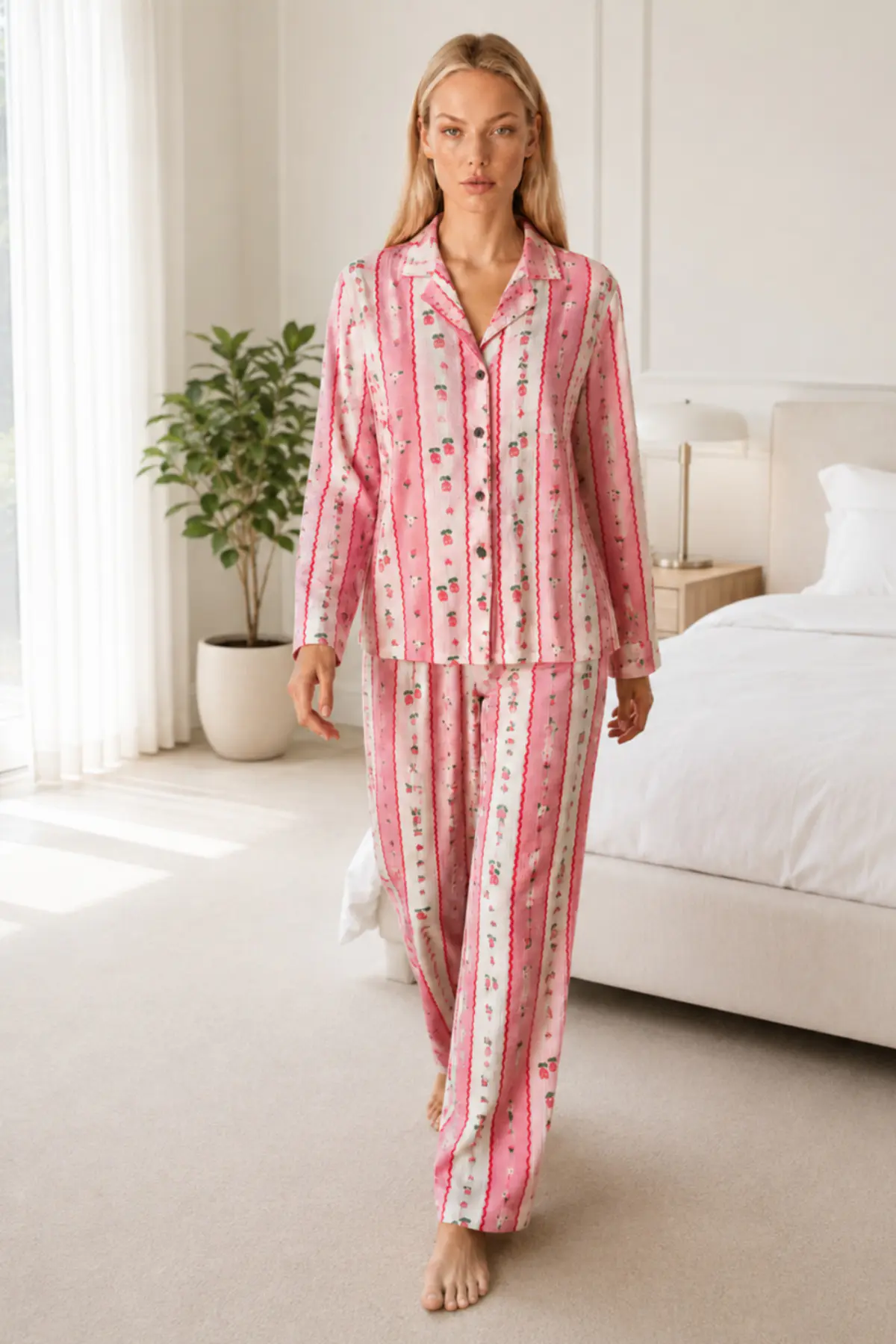 Kadın Desenli Relaxed Pembe Pijama Takımı 4658