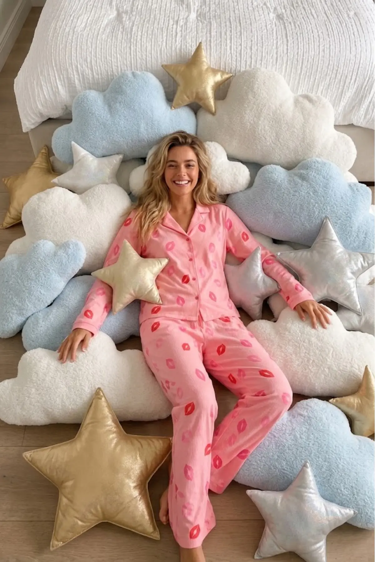 Kadın Gömlek Yaka Uzun Kollu Pembe Pijama Takımı