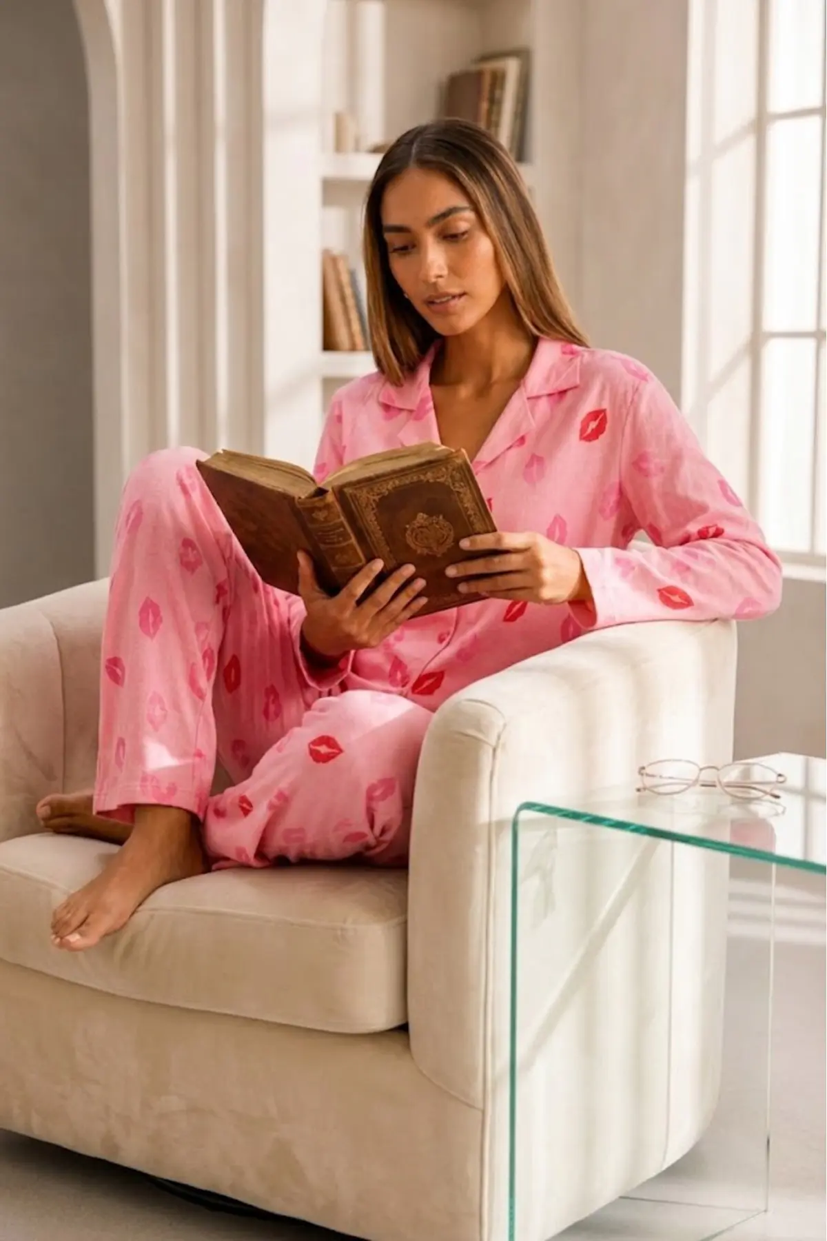 Kadın Önden Düğmeli Uzun Kollu Pembe Pijama Takımı