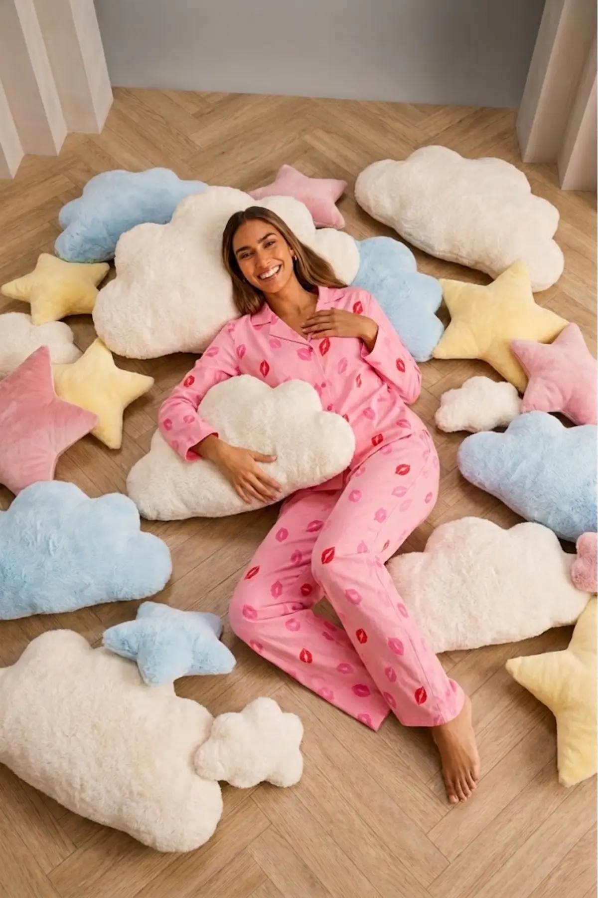Kadın Önden Düğmeli Uzun Kollu Pembe Pijama Takımı