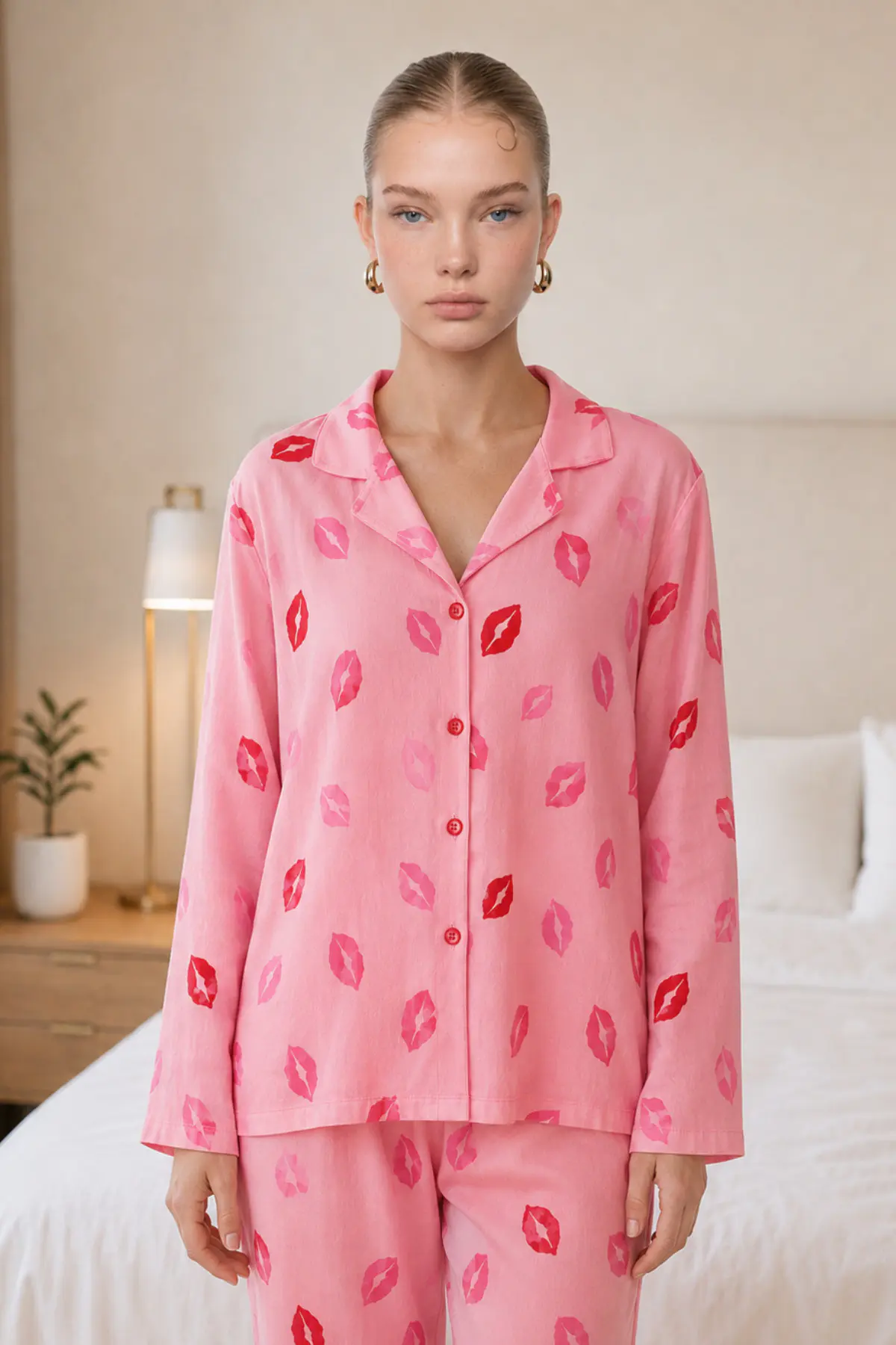 Kadın Dudak Desenli Pembe Pijama Takımı 4677