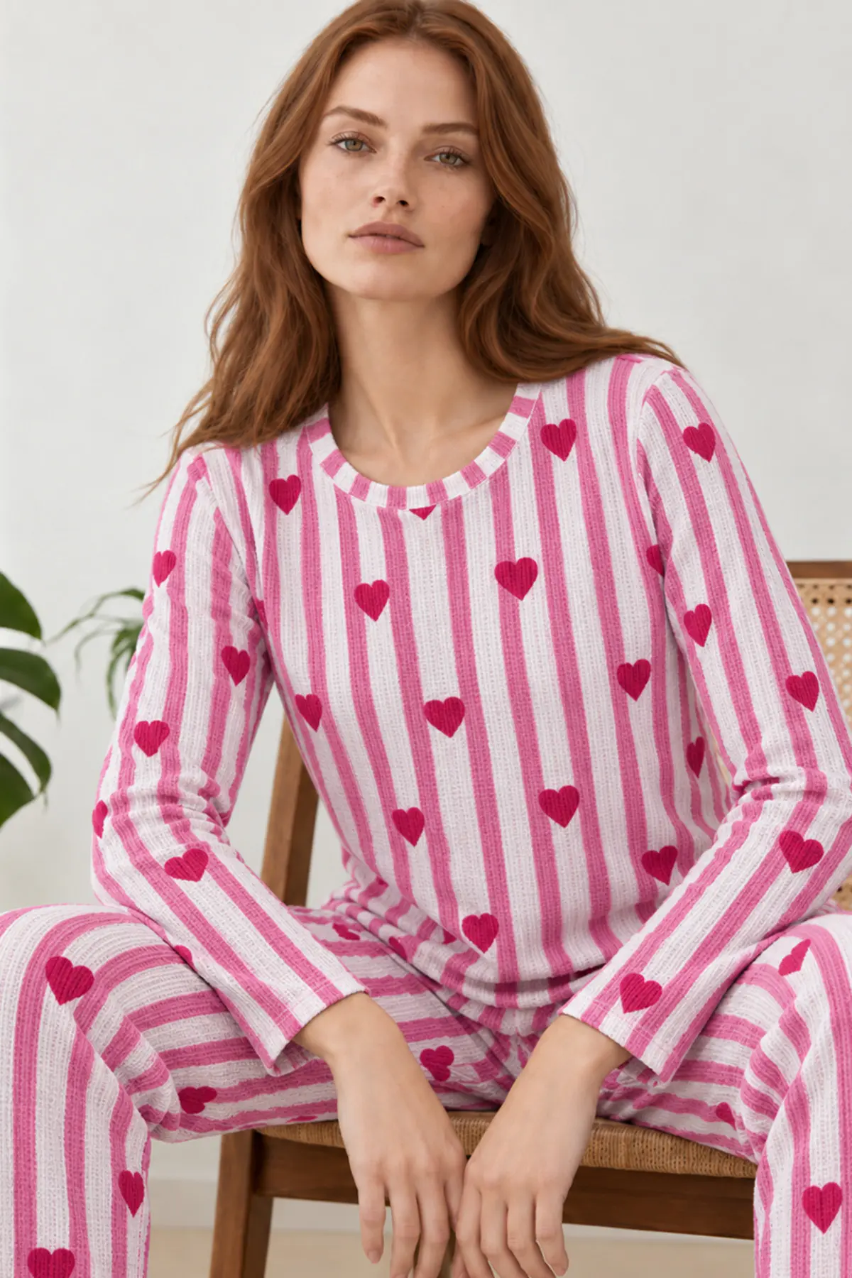 Kadın Kalpli Rahat Kalıp İkili Pembe Pijama Takımı 4768