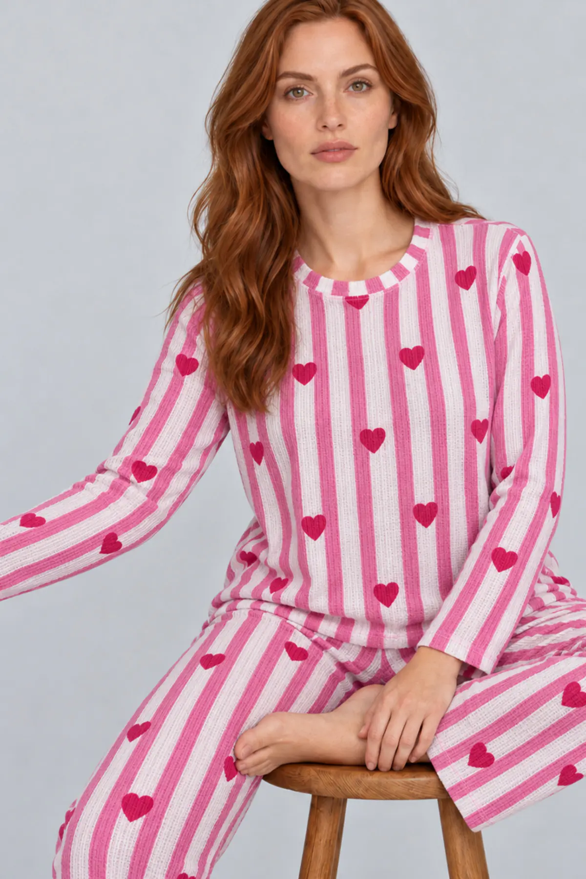 Kadın Kalpli Rahat Kalıp İkili Pembe Pijama Takımı 4768