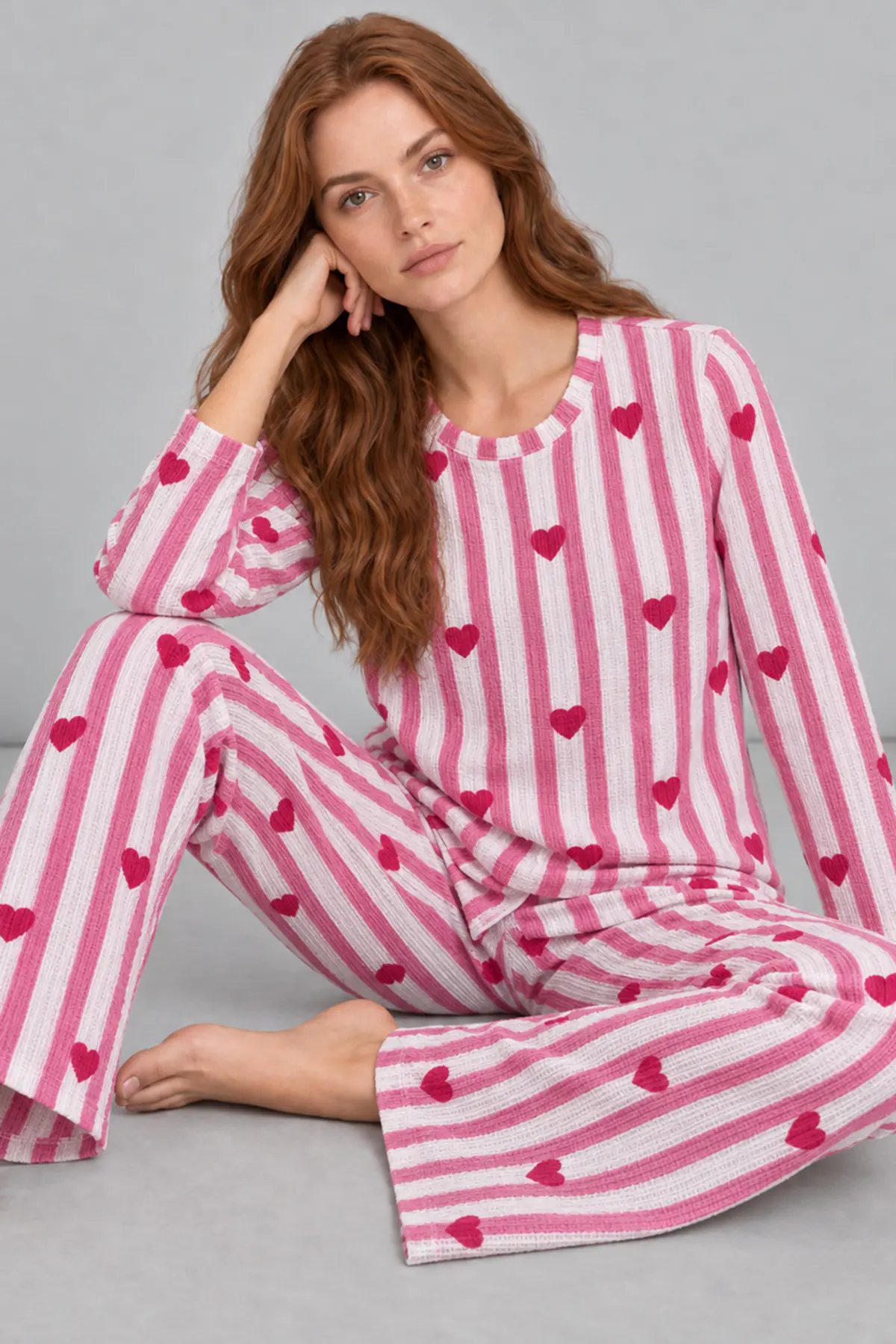Kadın Kalpli Rahat Kalıp İkili Pembe Pijama Takımı 4768