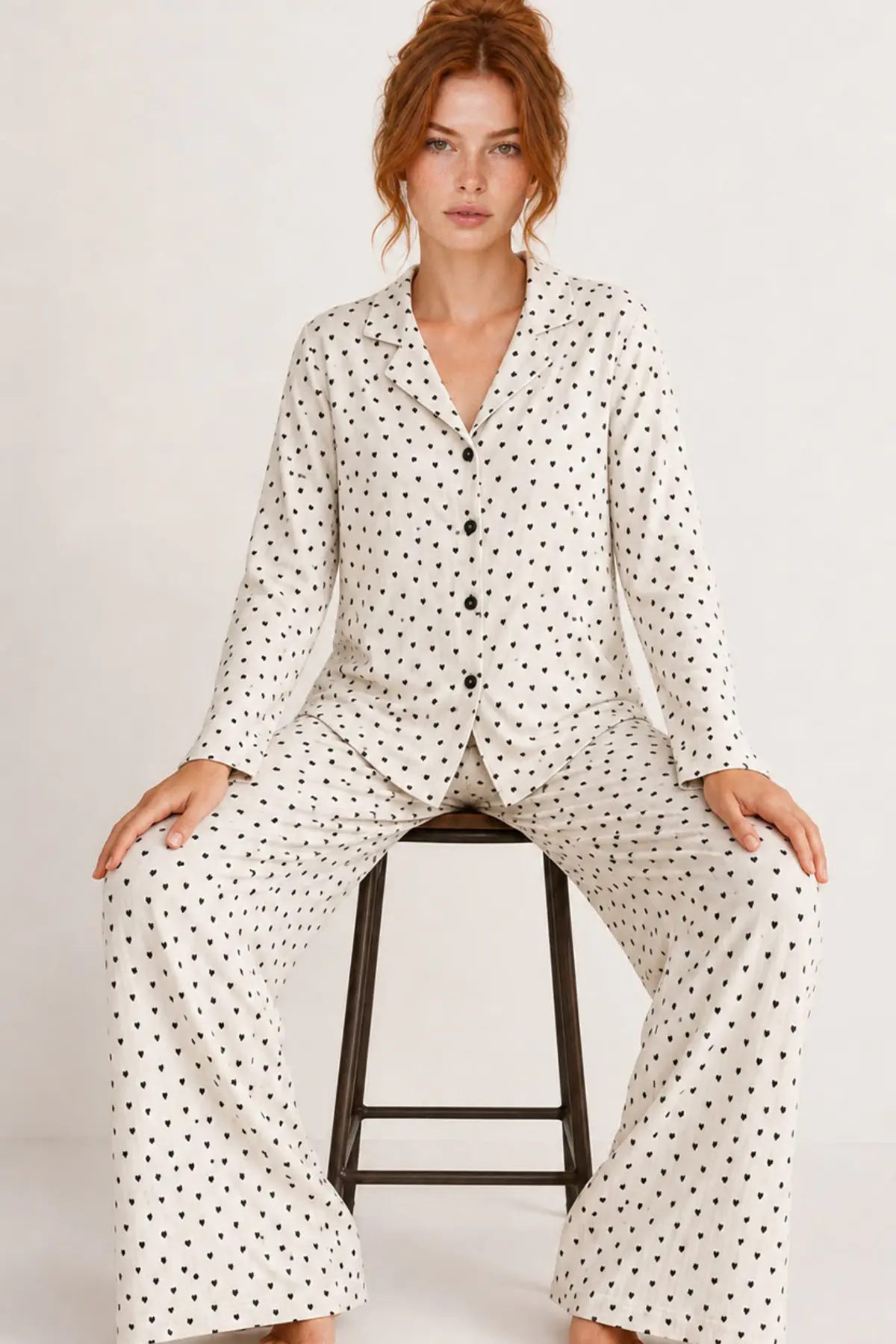Kadın Uzun Kol Rahat Beyaz Pijama Takımı 4758