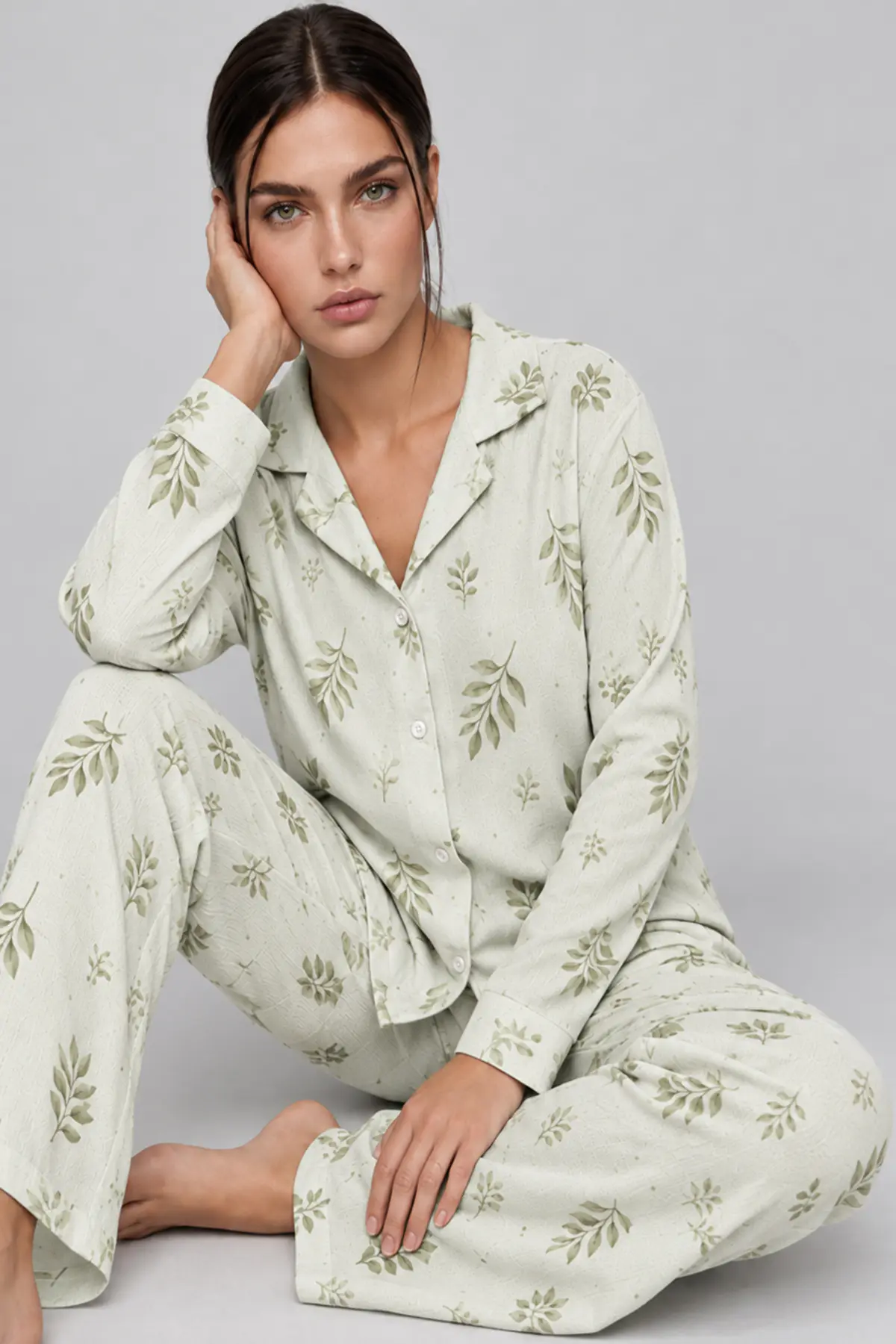 Kadın Uzun Kol Rahat Yeşil Pijama Takımı 4767