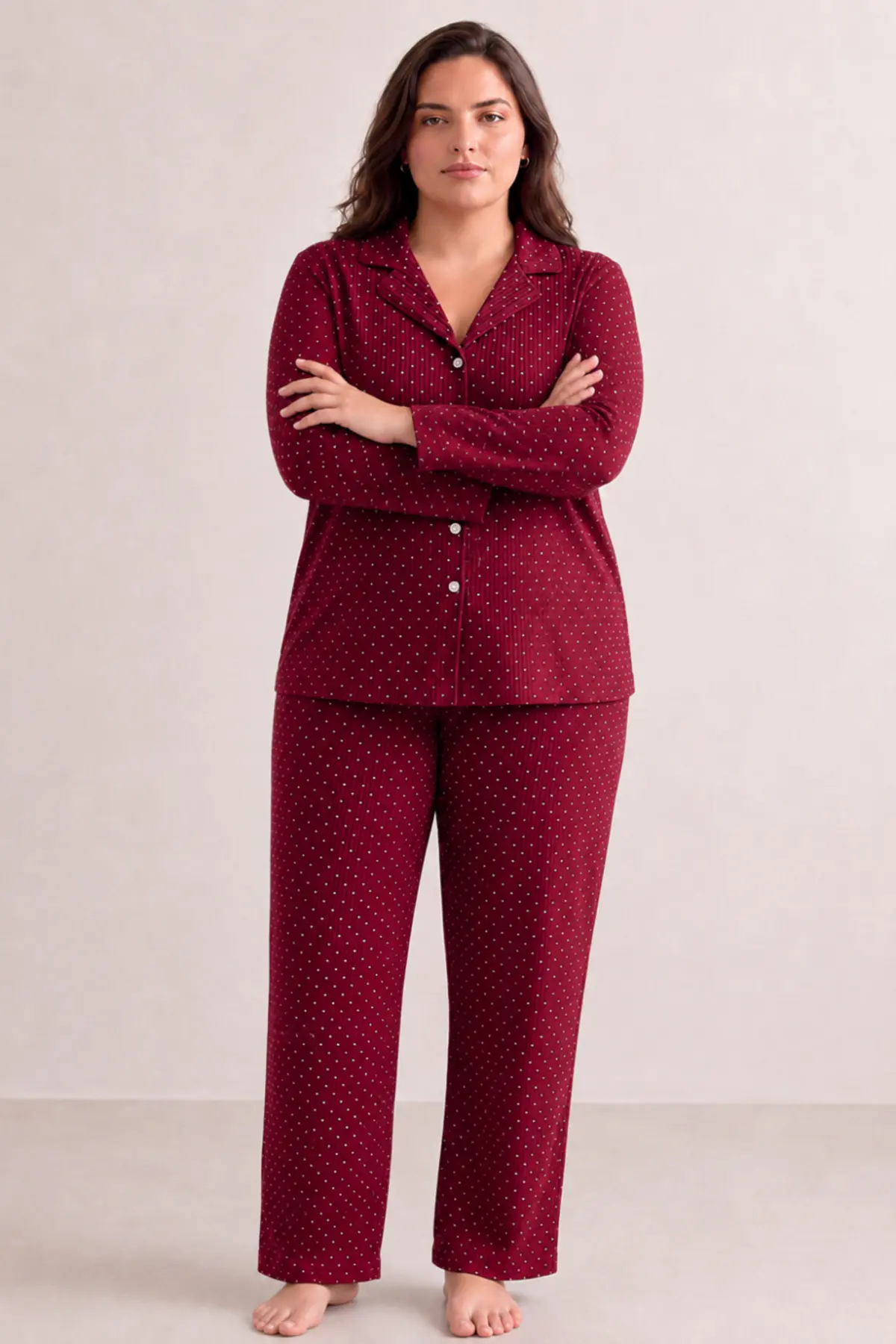 Kadın Rahat Puantiyeli Düğmeli Kırmızı Pijama Takımı 824
