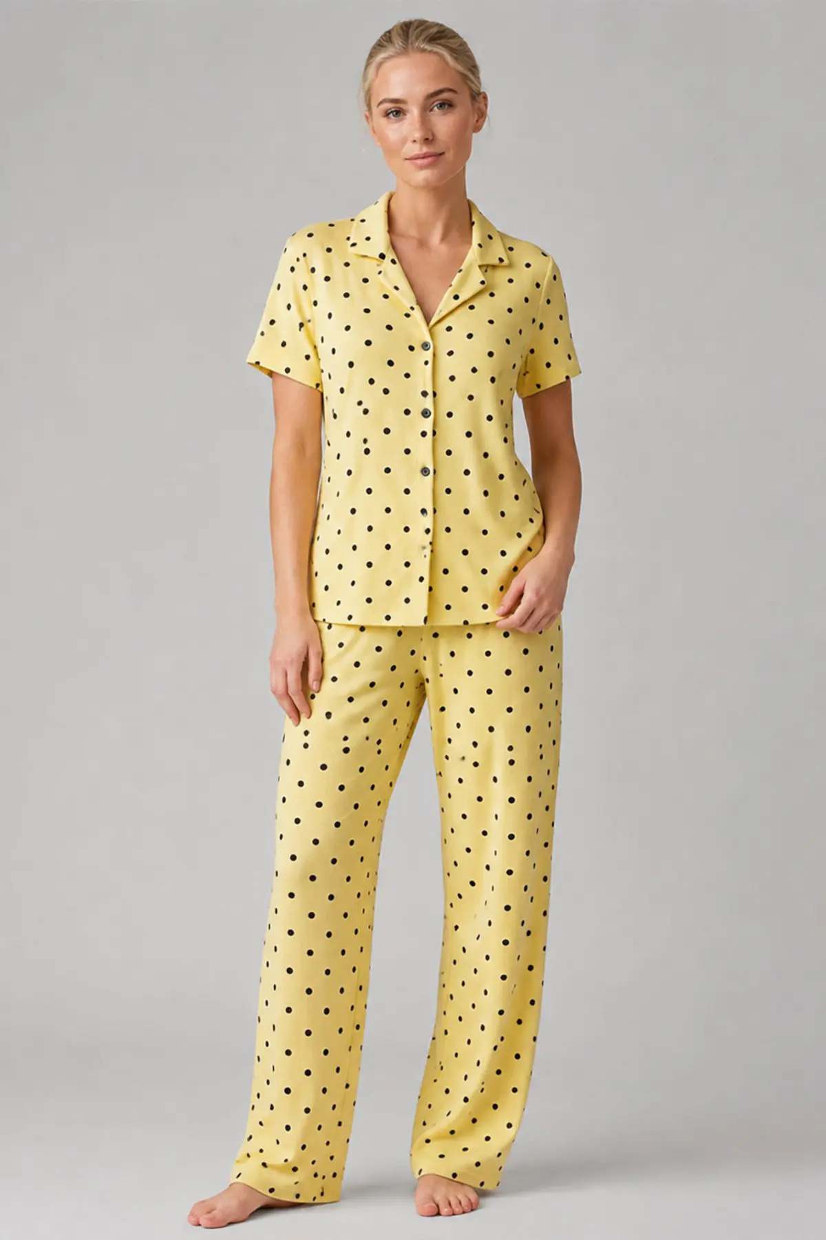 Sarı Puantiyeli Düğmeli Pijama Takımı 4642-Sarı