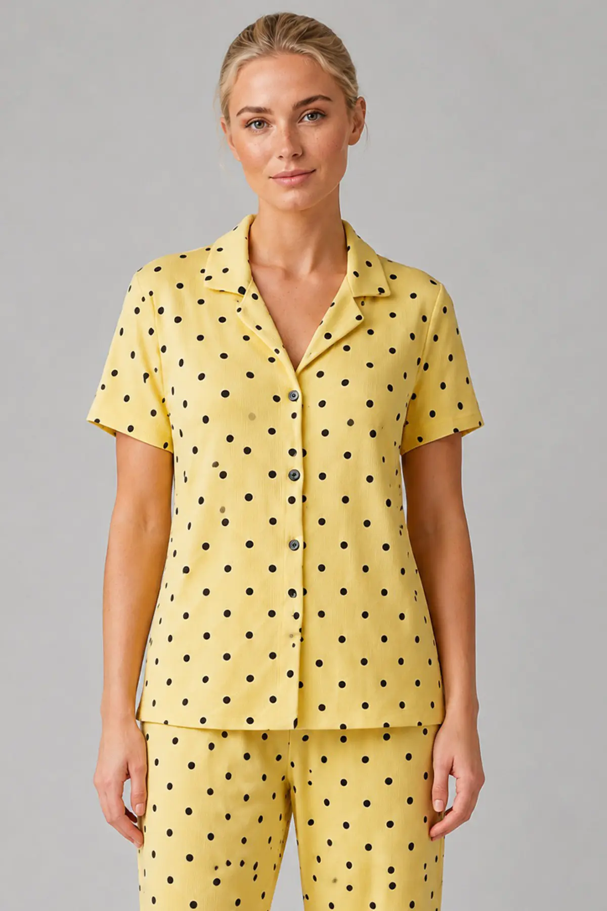 Sarı Puantiyeli Düğmeli Pijama Takımı 4642-Sarı