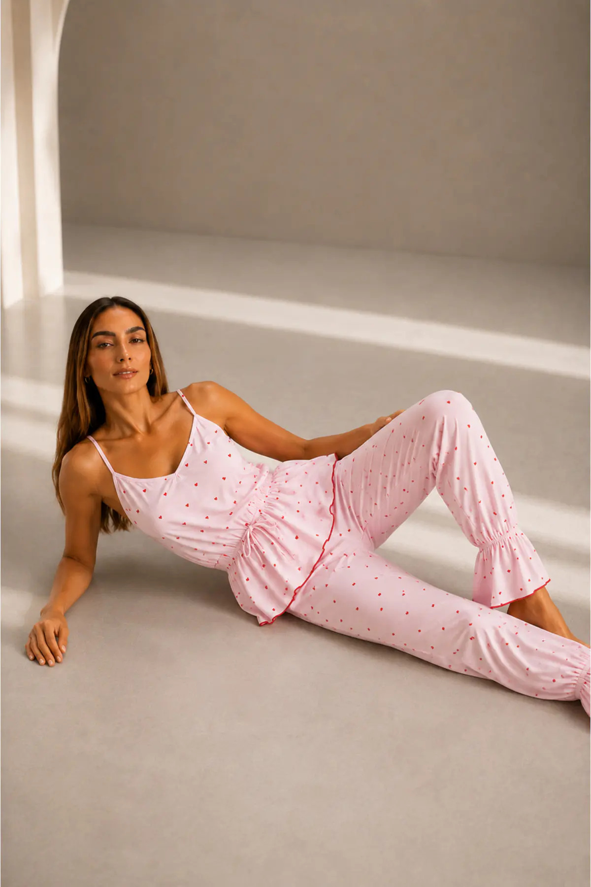 Kadın Viskoz Ayarlanabilir Bel Pembe Pijama Takımı