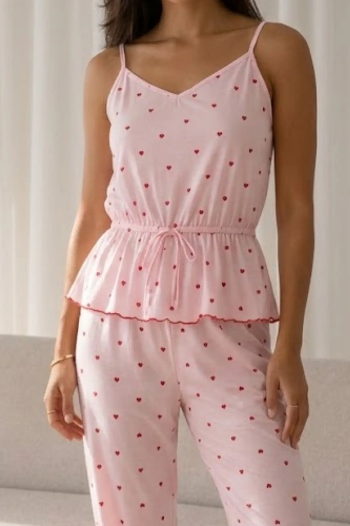 Kadın Baskılı Bağcıklı 2 Parça Pembe Pijama Takımı