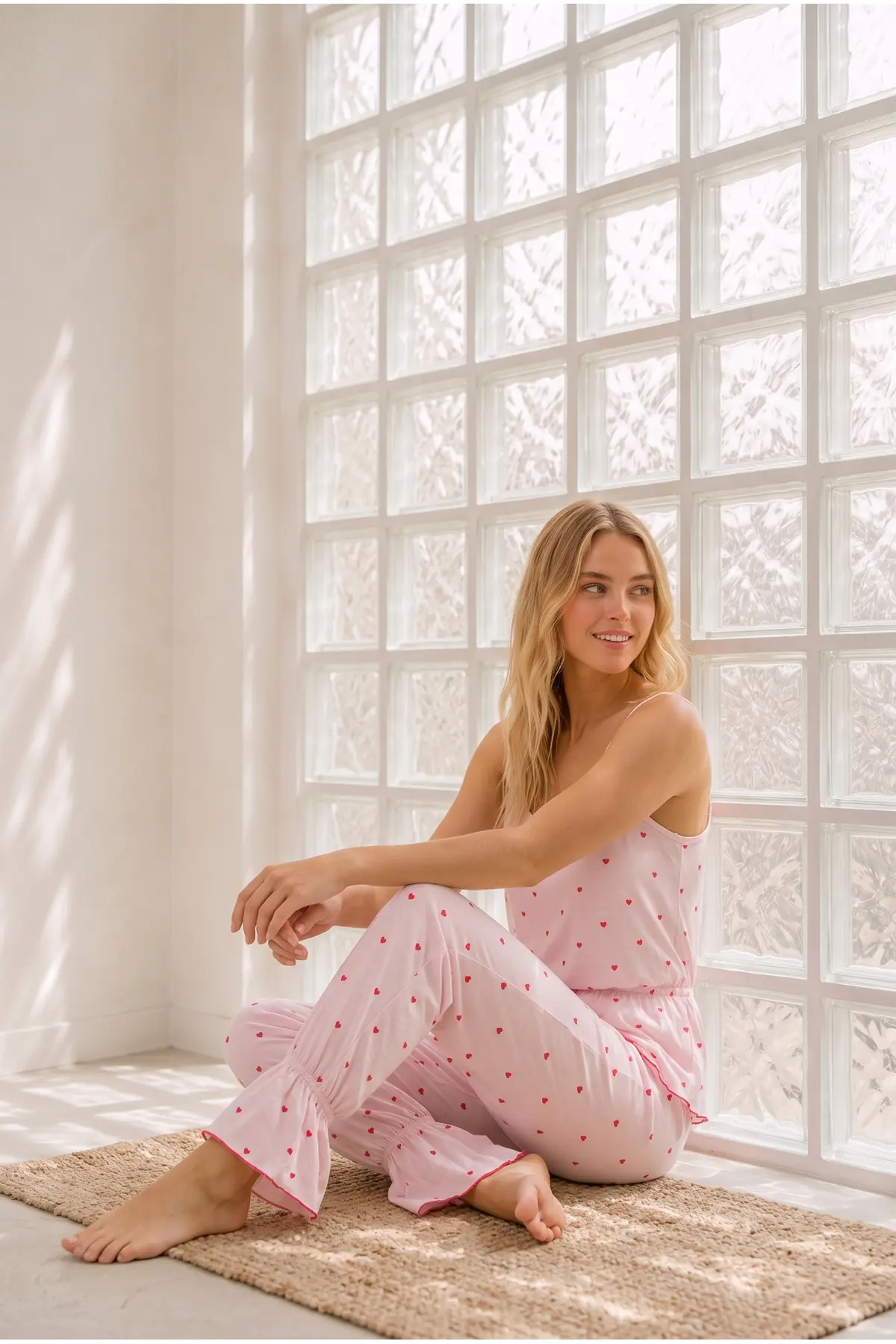 Kadın Ev Konforlu Lastikli Bel Pembe Pijama Takımı