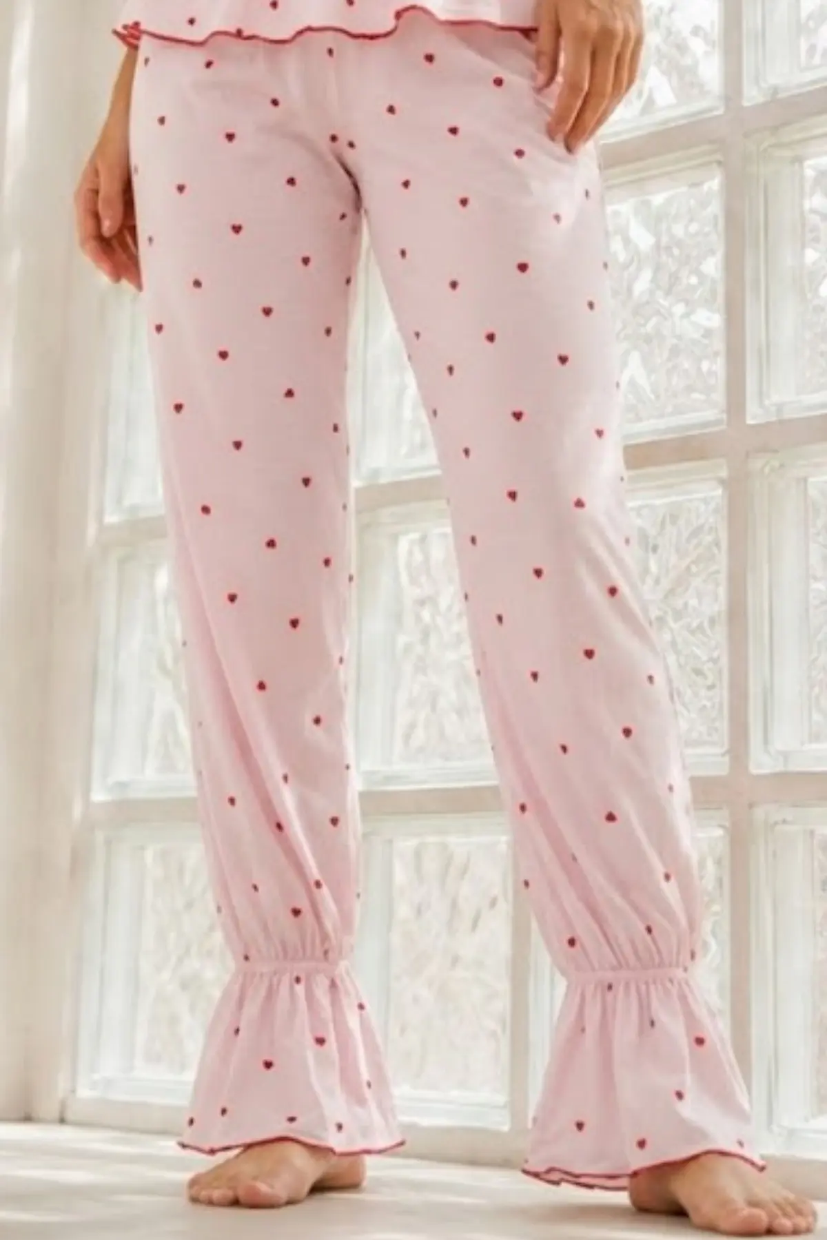 Kadın Ev Konforlu Lastikli Bel Pembe Pijama Takımı