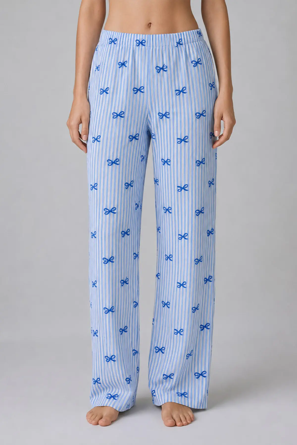 Mavi Kurdele Desenli Çizgili Bürümcük Pijama Takımı 4645-Mavi