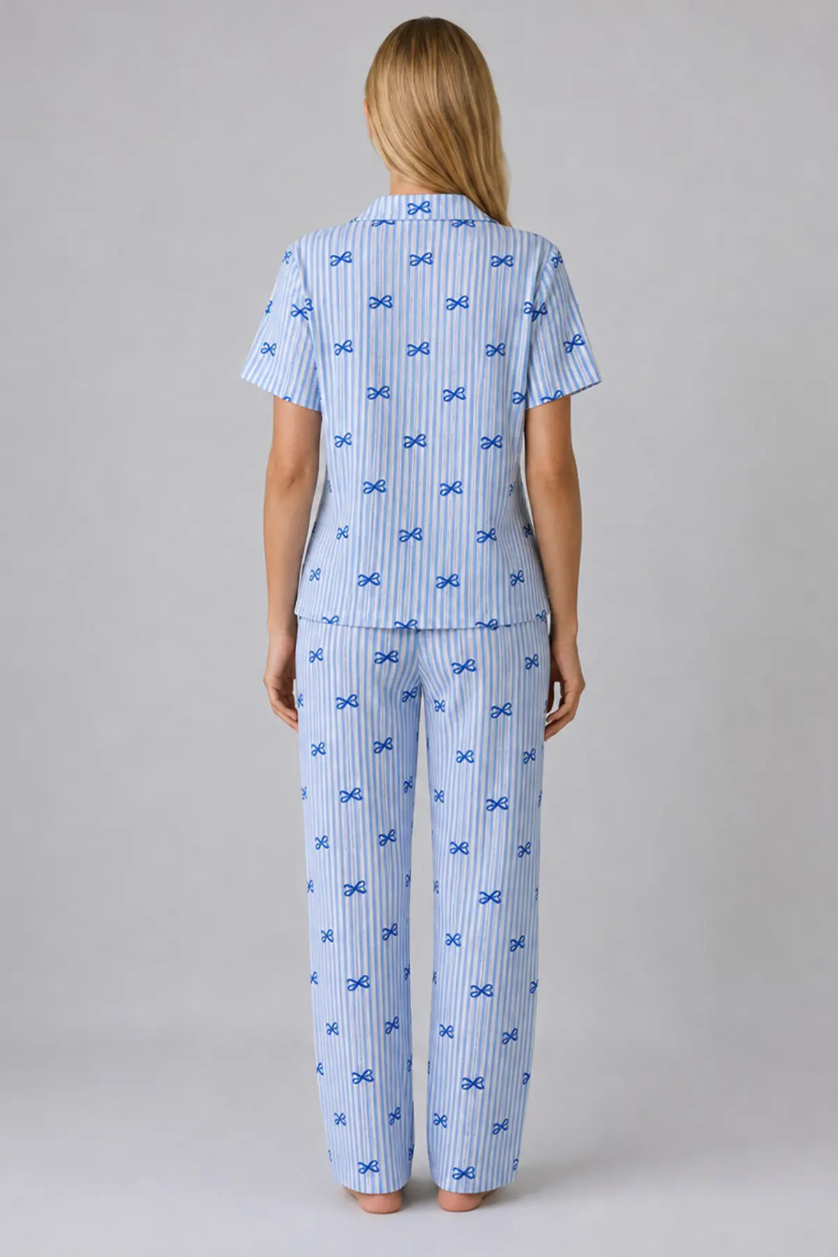 Mavi Kurdele Desenli Çizgili Bürümcük Pijama Takımı 4645-Mavi