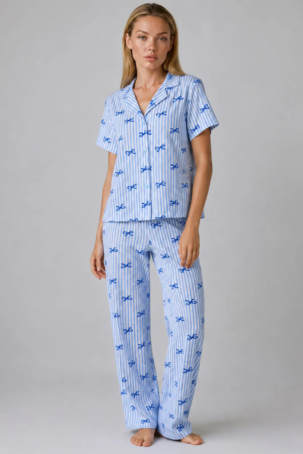 Mavi Kurdele Desenli Çizgili Bürümcük Pijama Takımı 4645-Mavi