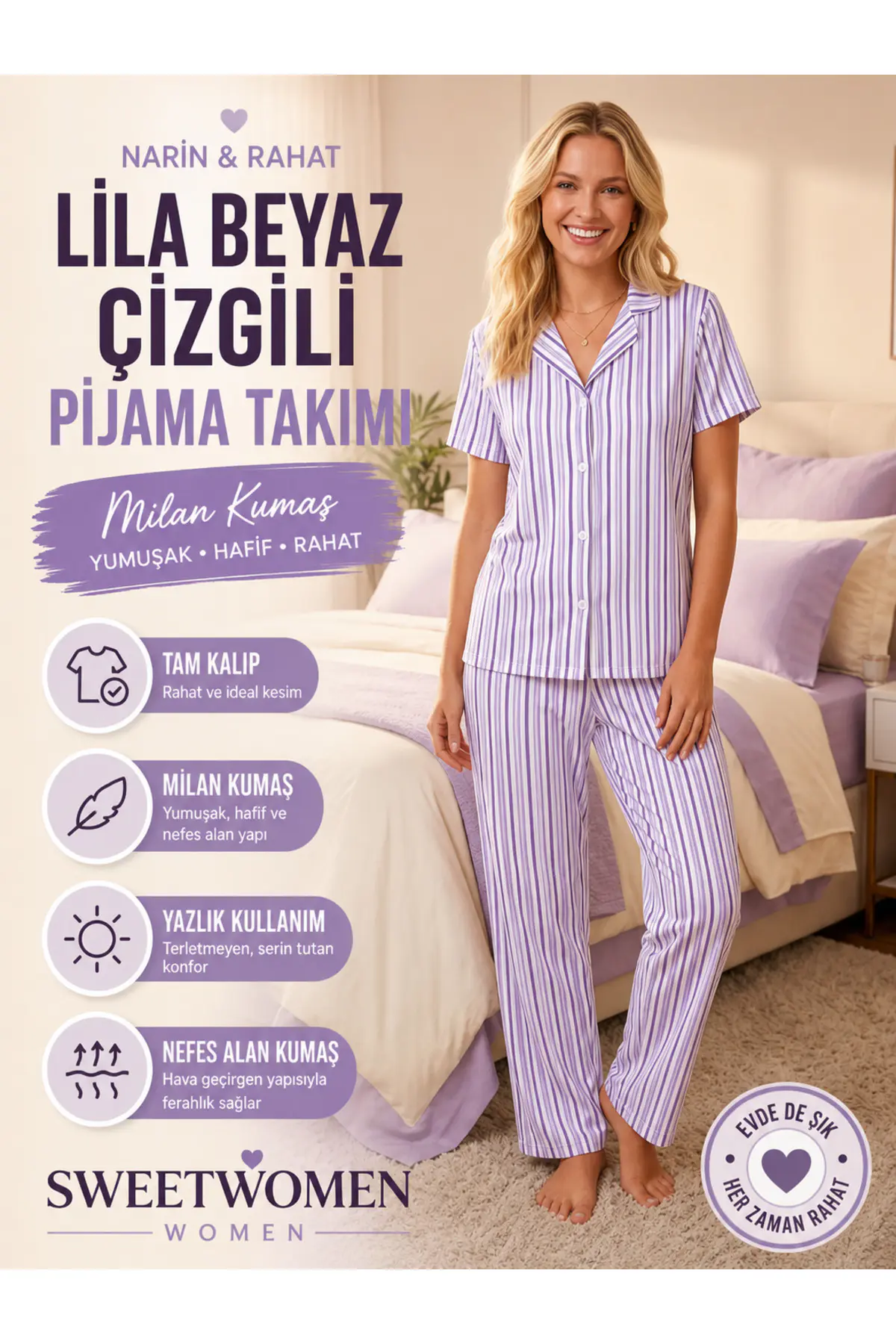 Lila-Beyaz Çizgili Gömlek Yaka Pijama Takımı 4629-Lila Kadın Kısa Kollu Düğmeli Uzun Alt Pijama Takımı